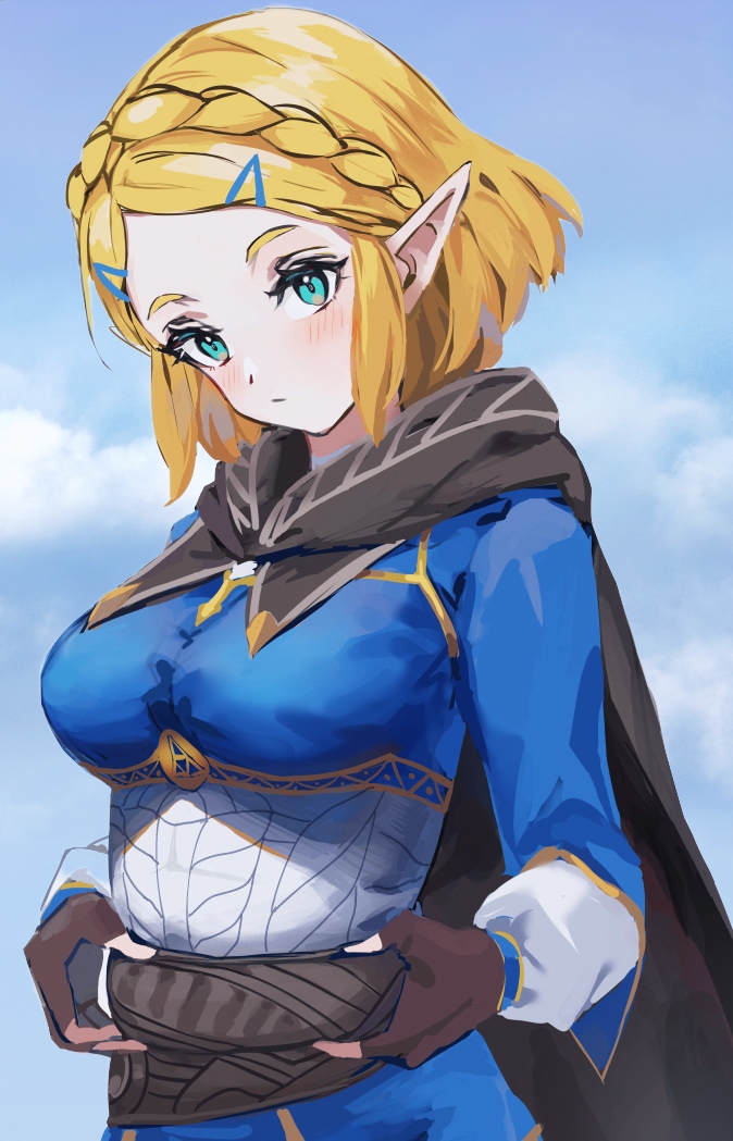 1girl aqua_eyes belt black_gloves blonde_hair blue_shirt blue_sky blush braid breasts brown_gloves closed_mouth commentary crown_braid day english_commentary fingerless_gloves forehead gloves hair_ornament hairclip looking_at_viewer medium_breasts outdoors pointy_ears princess_zelda shirt short_hair sidelocks sky the_legend_of_zelda the_legend_of_zelda:_breath_of_the_wild the_legend_of_zelda:_breath_of_the_wild_2 upper_body wolf9