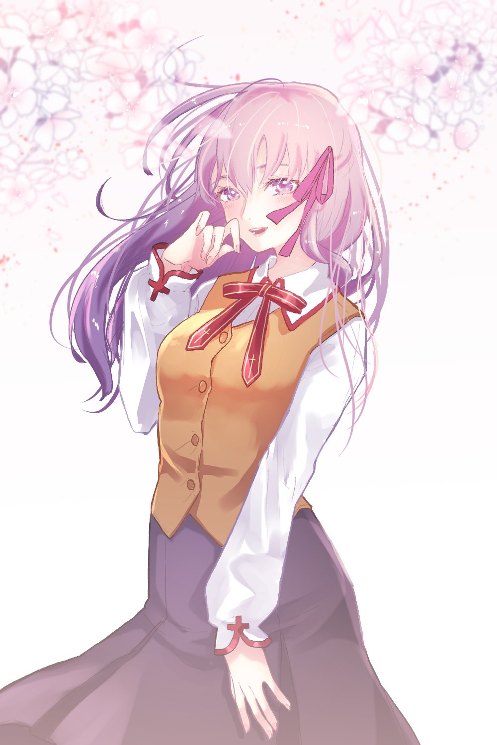 1girl arm_at_side black_skirt blush cherry_blossoms collared_shirt fate/stay_night fate_(series) hair_ribbon hand_on_own_face highres homurahara_academy_uniform long_hair matou_sakura pink_ribbon purple_hair ribbon roku_(ntbr_fate) shirt skirt smile solo vest violet_eyes white_background white_shirt wind wind_lift yellow_vest