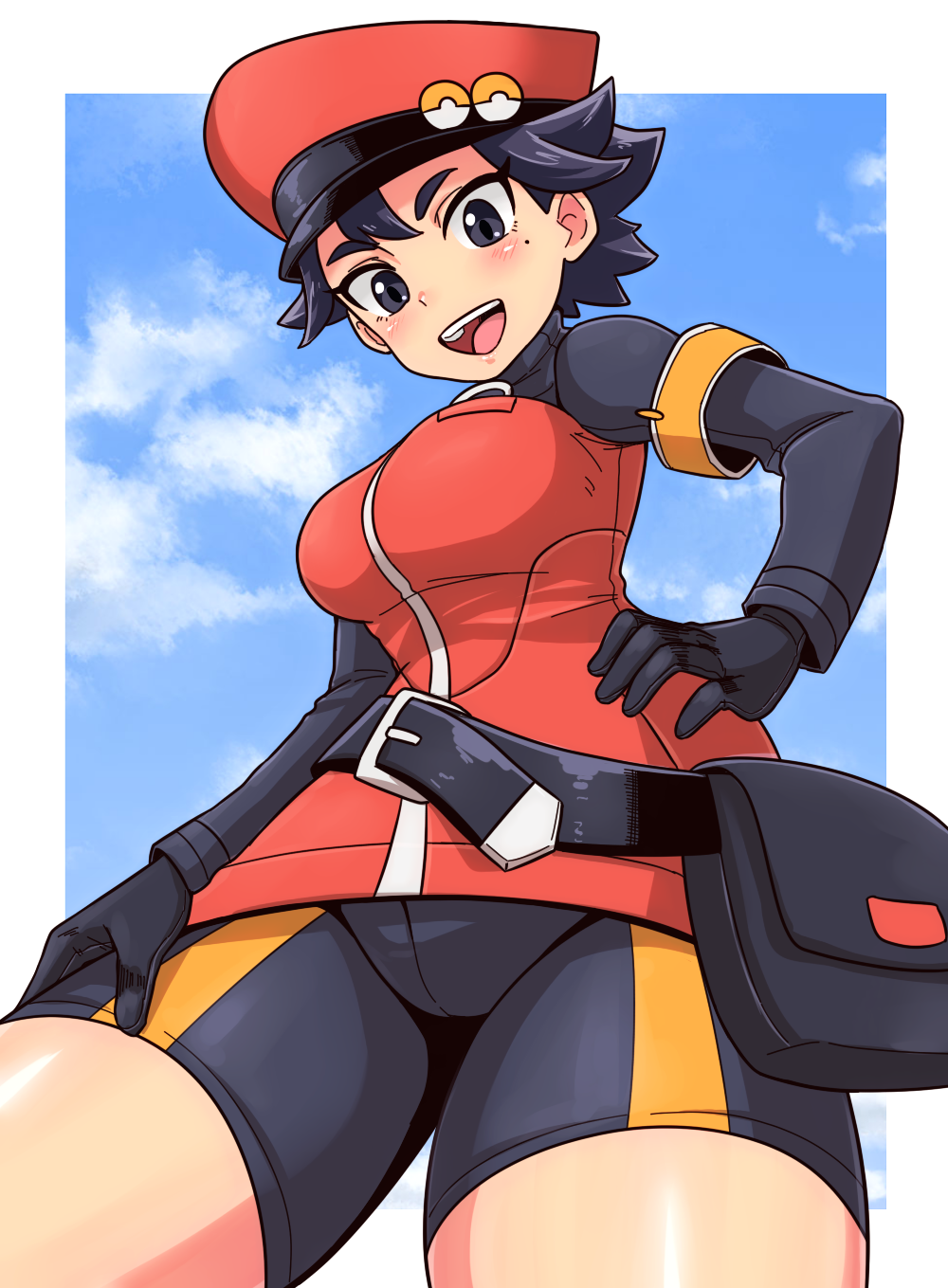 1girl :d bangs belt bike_shorts black_bag black_gloves black_hair blush border breasts clouds commentary_request fanny_pack gloves grey_eyes hand_on_hip hat highres looking_down mole mole_under_eye open_mouth orange_headwear outside_border pokemon pokemon_(game) pokemon_masters_ex pokemon_ranger_(pokemon) short_hair sky smile solo tongue tsubasa_(godbardtsubasa) upper_teeth white_border