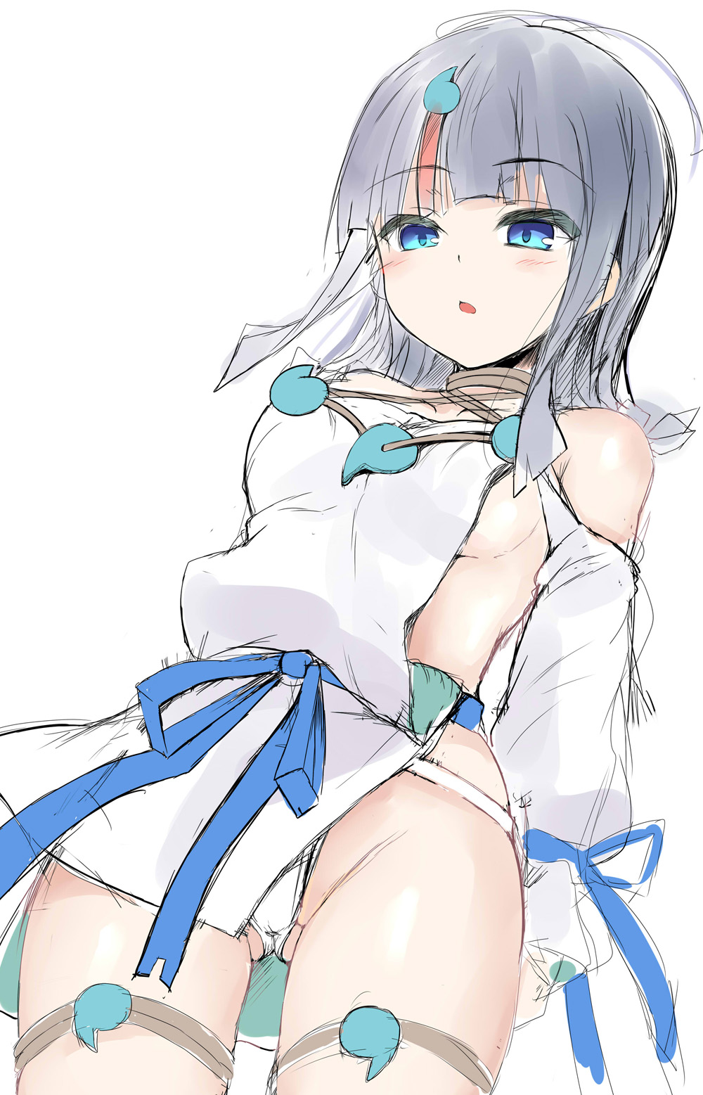1girl arms_behind_back ass_visible_through_thighs bangs bare_shoulders black_hair blue_eyes blue_ribbon blush breasts collarbone dress fate/grand_order fate/requiem fate_(series) fundoshi highres japanese_clothes jewelry large_breasts long_sleeves looking_at_viewer magatama magatama_hair_ornament magatama_necklace medium_hair multicolored_hair necklace open_mouth pelvic_curtain pink_hair puffy_long_sleeves puffy_sleeves ribbon sen_(astronomy) short_dress sideboob sideless_outfit solo streaked_hair thighs utsumi_erise white_dress