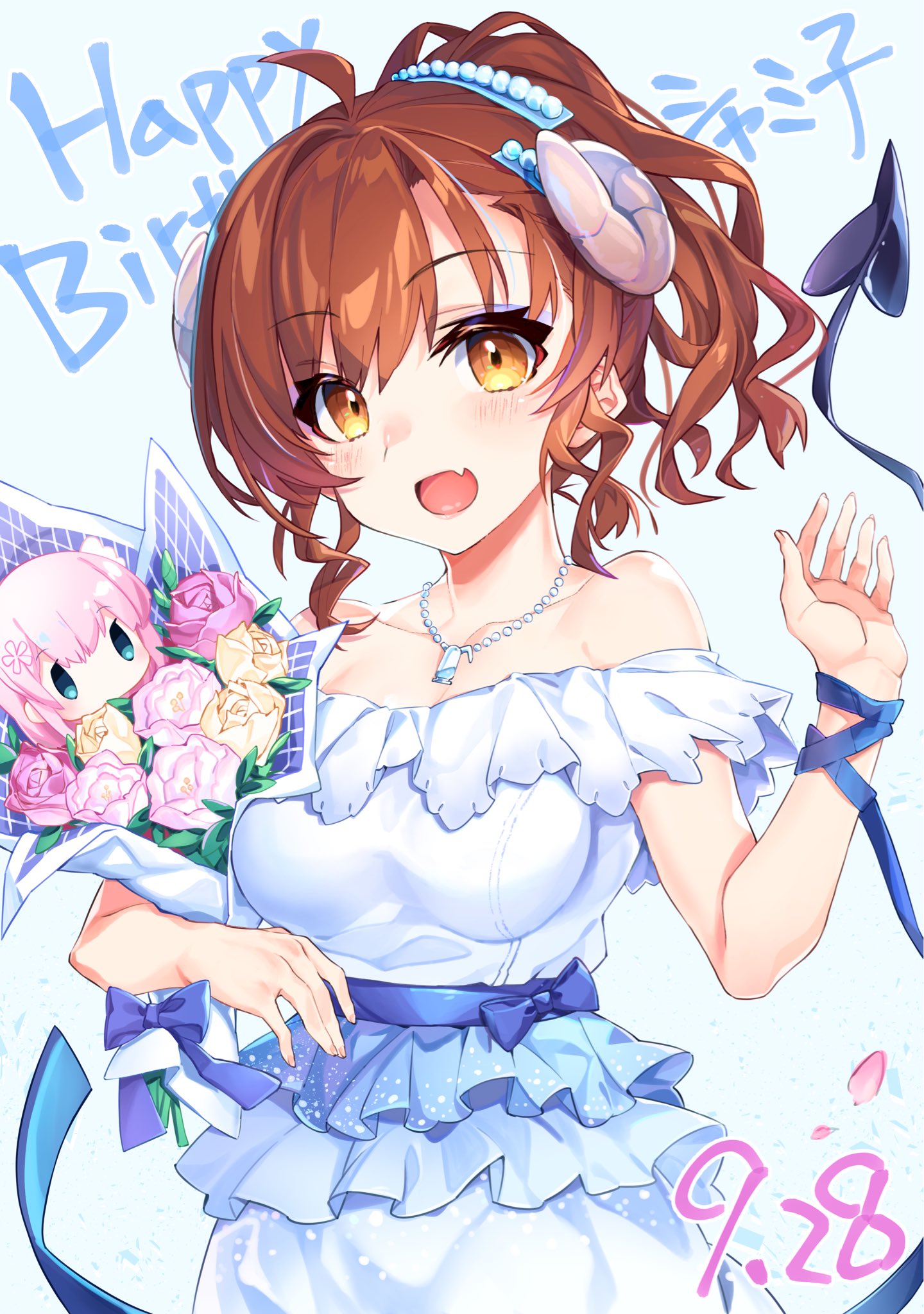 1girl :d alternate_hairstyle blue_background bouquet breasts character_doll chiyoda_momo curled_horns dated demon_girl demon_horns demon_tail dress fang flower hand_up happy_birthday highres holding holding_bouquet horns jewelry looking_at_viewer machikado_mazoku medium_breasts narumiya_(empty_cafe) necklace open_mouth orange_eyes pink_flower pink_rose ponytail redhead revision rose short_hair skin_fang smile solo tail white_dress yellow_flower yellow_rose yoshida_yuuko_(machikado_mazoku)