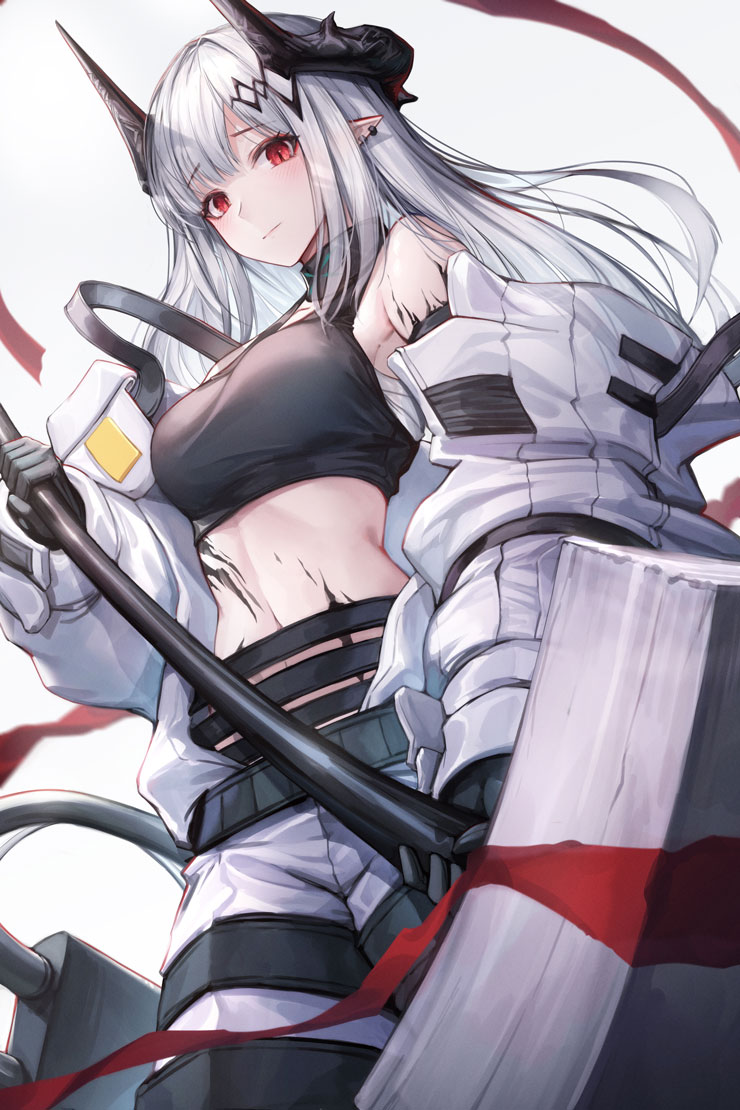 1girl arknights bare_shoulders black_gloves black_shirt breasts chyopeuteu closed_mouth cowboy_shot crop_top gloves hammer holding horns infection_monitor_(arknights) jumpsuit long_hair looking_at_viewer medium_breasts midriff mudrock_(arknights) navel off_shoulder open_jumpsuit oripathy_lesion_(arknights) pointy_ears red_eyes sarashi shirt sidelocks sleeveless sleeveless_shirt solo standing stomach weapon white_hair