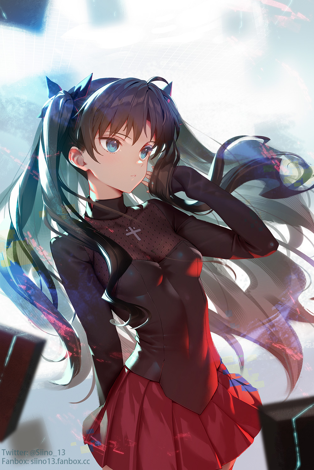 1girl ahoge black_hair blue_eyes bow breasts commentary_request cowboy_shot eyebrows_visible_through_hair fanbox_username fate/extra_record fate_(series) hair_between_eyes hair_bow highres long_hair siino skirt small_breasts solo tohsaka_rin twitter_username watermark