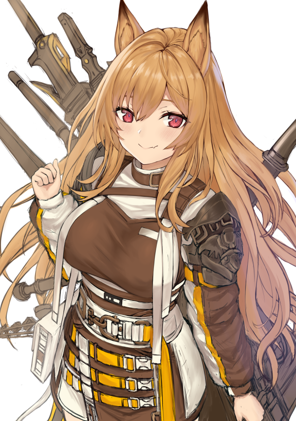 1girl animal_ears arknights bangs brown_hair ceobe_(arknights) closed_mouth cundang dog_ears dog_girl hair_between_eyes jacket long_hair long_sleeves looking_at_viewer simple_background smile solo violet_eyes weapon weapon_on_back white_background