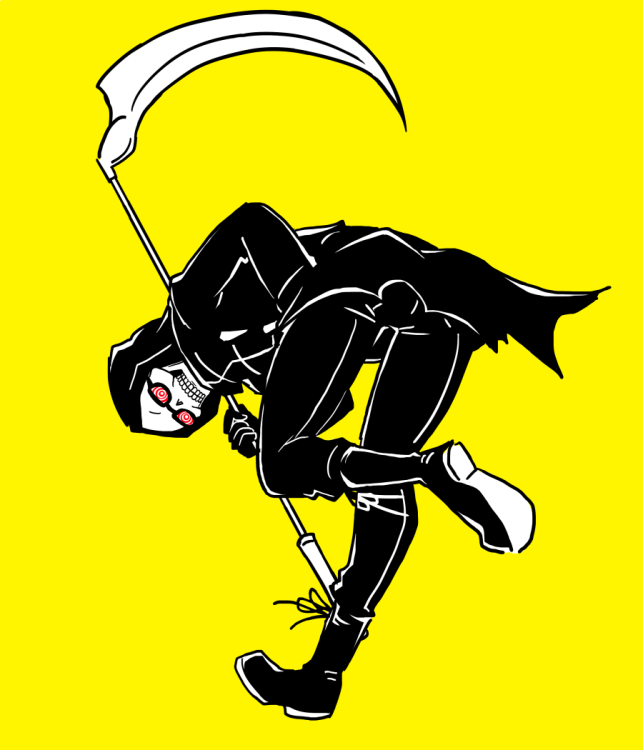 1boy bent_over coke-bottle_glasses full_body glasses golf_club hand_in_pocket holding kyuu_(ost) let_it_die looking_back male_focus opaque_glasses scythe simple_background skeleton solo standing standing_on_one_leg uncle_death yellow_background