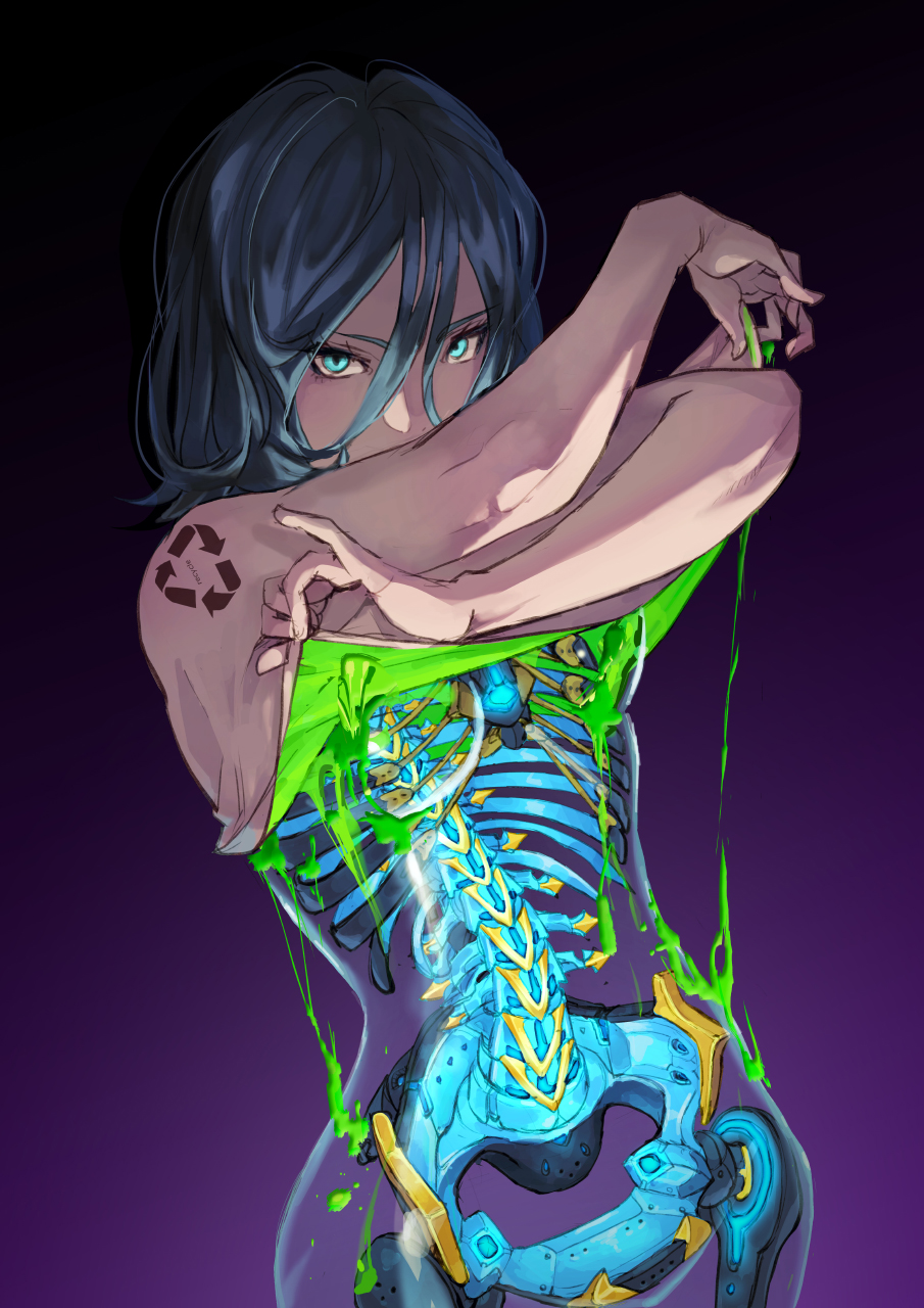 1girl android aqua_eyes arrow_(symbol) black_hair gradient gradient_background highres looking_at_viewer mechanical_parts medium_hair okome_(liveokome) original recycling_symbol ribs slime_(substance) solo spine translucent translucent_skin transparent undressing