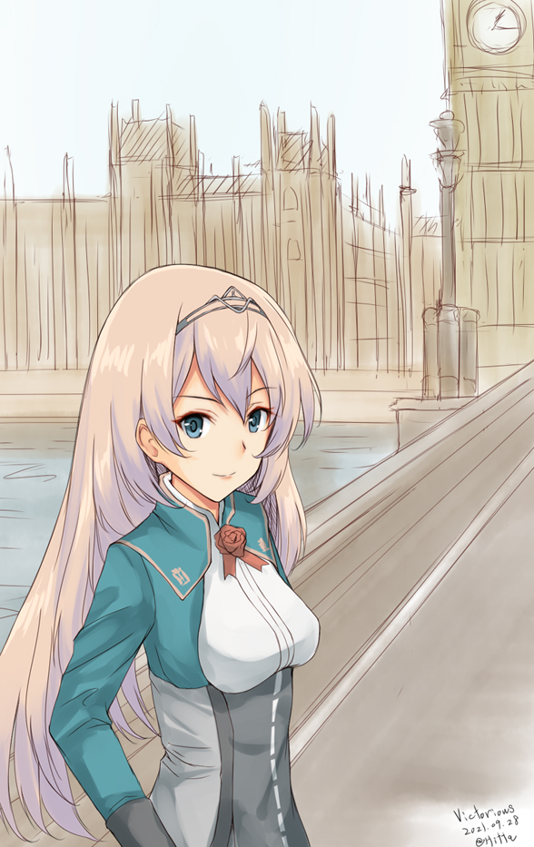 1girl anatamo blonde_hair blue_eyes closed_mouth dress elizabeth_tower flower green_jacket hair_between_eyes jacket kantai_collection london long_hair long_sleeves one-hour_drawing_challenge red_flower red_rose rose solo tiara united_kingdom victorious_(kancolle) white_dress