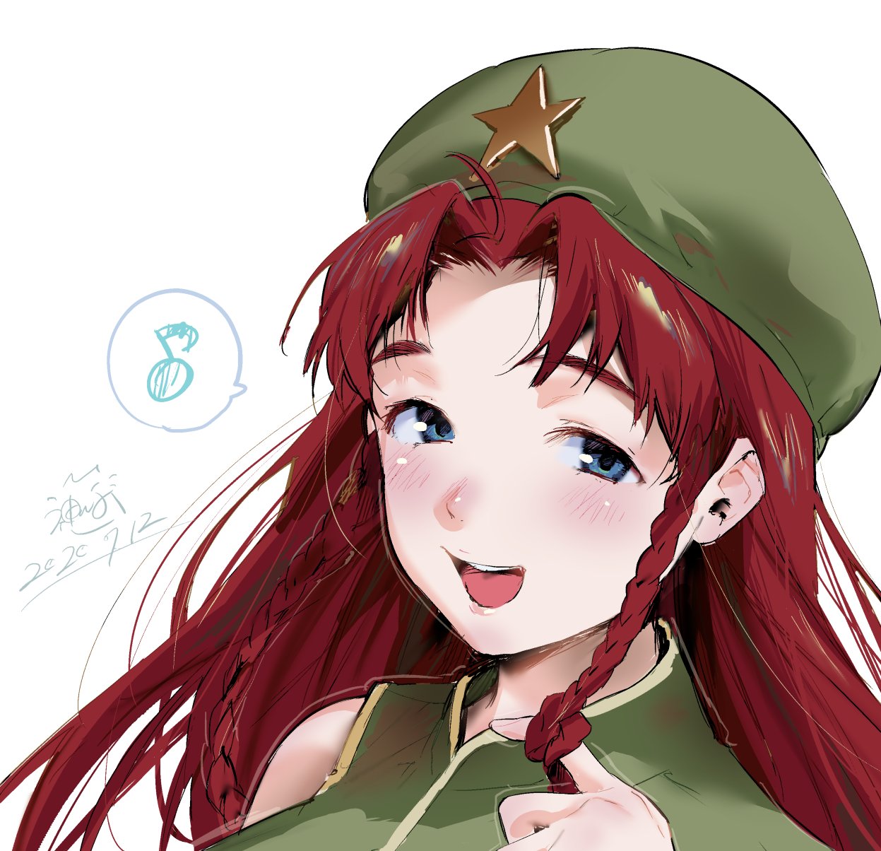1girl :d bangs banned_artist bare_shoulders beret blue_eyes blush braid commentary_request dated dress eyebrows_visible_through_hair gold_trim green_dress green_headwear hair_twirling hand_up hat hat_ornament highres hong_meiling kamiyama_aya long_hair looking_at_viewer musical_note open_mouth portrait redhead side_braids signature simple_background sketch smile solo spoken_musical_note star_(symbol) star_hat_ornament touhou twin_braids upper_teeth white_background