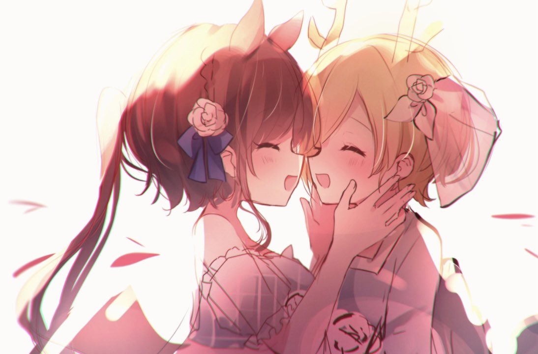 2girls animal_ears bangs bare_shoulders blonde_hair blue_bow blue_dress blue_shirt blue_sleeves blush bow breasts brown_hair closed_eyes dress eyebrows_visible_through_hair flower hair_between_eyes hair_bow hair_flower hair_ornament hands_on_another's_face hands_up horns horse_ears kicchou_yachie kurokoma_saki leaf light long_hair medium_breasts moshihimechan multicolored multicolored_clothes multicolored_dress multiple_girls no_hat no_headwear off_shoulder open_mouth pink_dress plaid plaid_dress ponytail puffy_short_sleeves puffy_sleeves shirt short_hair short_sleeves simple_background smile touhou turtle_shell upper_body white_background white_flower wings yuri