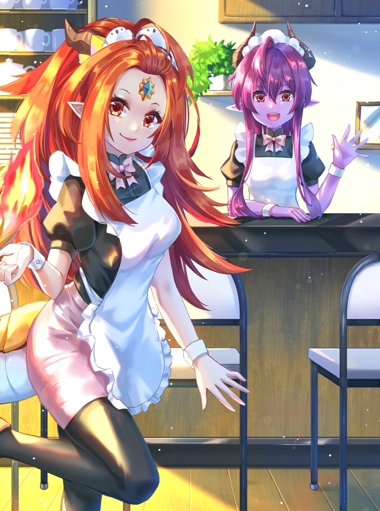 2girls :d apron black_horns bow chair colored_skin cup dragon_tail forehead_jewel horns indoors long_hair maid_apron ming_(mg) multiple_girls open_mouth orange_hair original pantyhose pink_bow plant pointy_ears potted_plant purple_hair purple_skin red_eyes saubupo shelf short_sleeves smile standing standing_on_one_leg tail waitress waving wrist_cuffs yong_(mg)