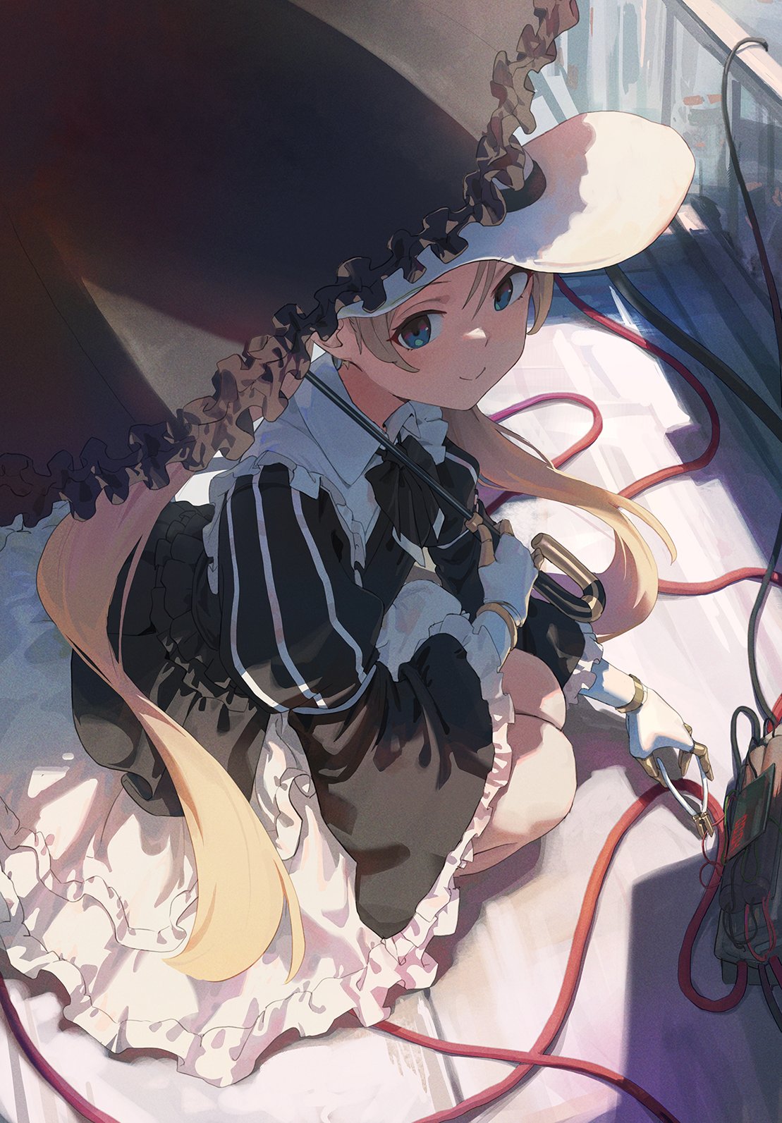 1girl blonde_hair bomb bow bowtie dress ellie_quickhand frilled_dress frills gothic_lolita hat highres holding last_origin lolita_fashion looking_at_viewer outdoors parasol solo squatting sun_hat time_bomb twintails two-tone_dress umbrella wide_sleeves wire_cutters wonchun