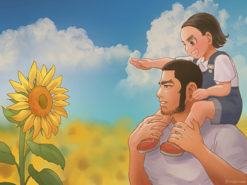 2boys beard black_hair buzz_cut carrying character_request child clouds cloudy_sky facial_hair flower golden_kamuy large_pectorals long_sideburns looking_to_the_side male_focus mature_male multiple_boys muscular muscular_male nopinzo pectorals piggyback shirt short_hair sideburns sky smile sunflower tanigaki_genjirou thick_eyebrows upper_body very_short_hair white_shirt