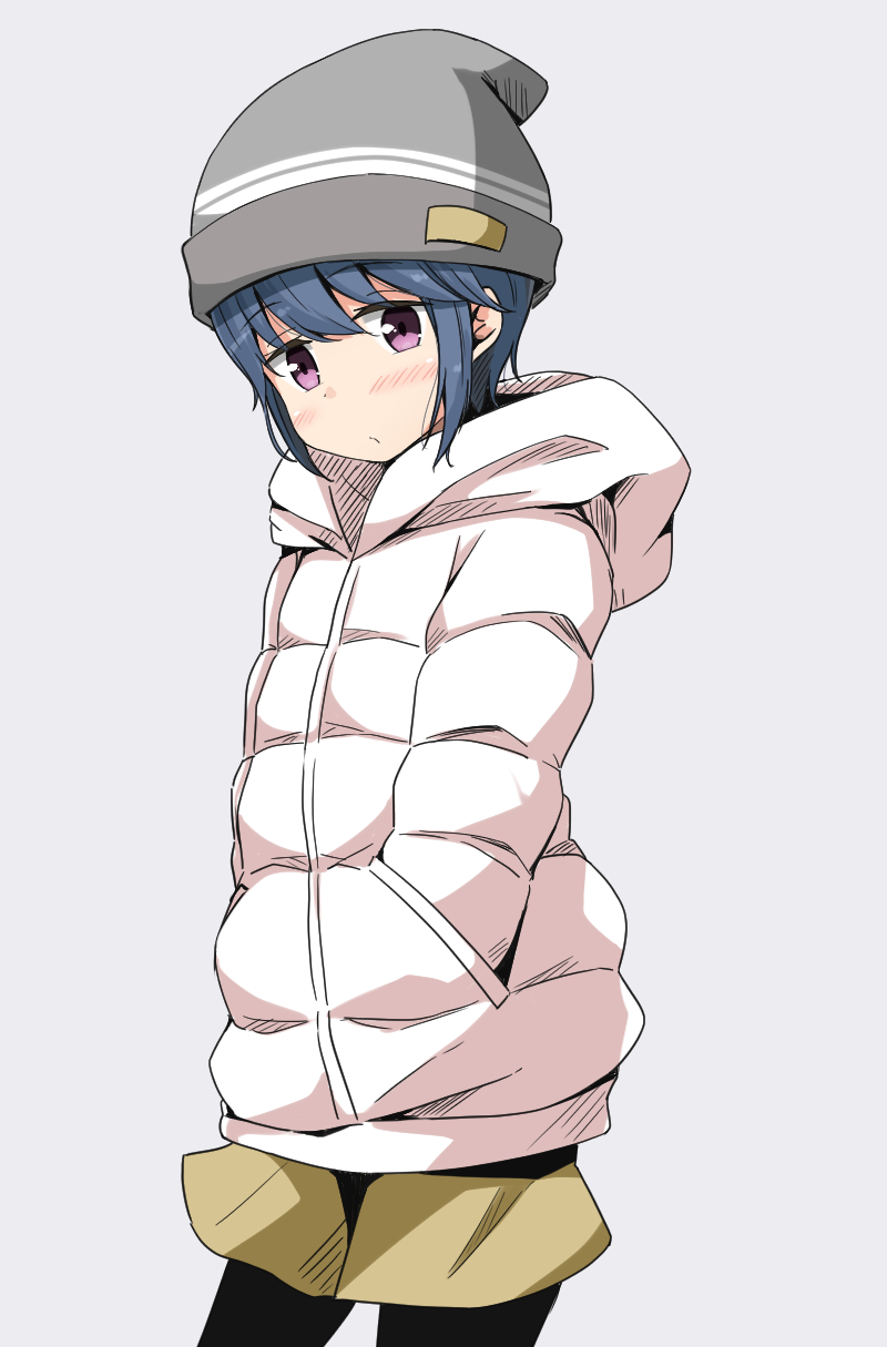 1girl aikawa_ryou alternate_hair_length alternate_hairstyle bangs beanie black_legwear blue_hair blush brown_shorts closed_mouth commentary cowboy_shot frown grey_headwear hands_in_pockets hat highres hood hood_down hooded_coat legwear_under_shorts long_sleeves looking_at_viewer pantyhose shima_rin short_hair shorts simple_background solo standing violet_eyes winter_clothes yurucamp