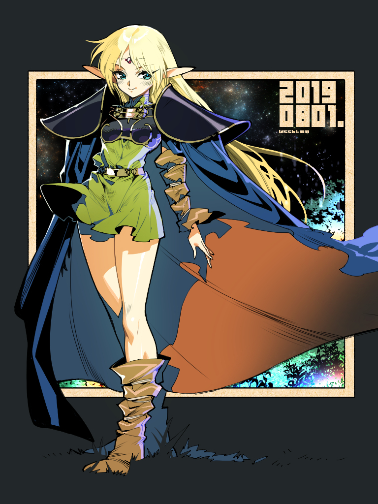 1girl armor blonde_hair blue_cape boots breasts cape circlet closed_mouth deedlit dress elf fujimoto_hideaki green_eyes long_hair looking_at_viewer pointy_ears record_of_lodoss_war shoulder_armor smile solo very_long_hair