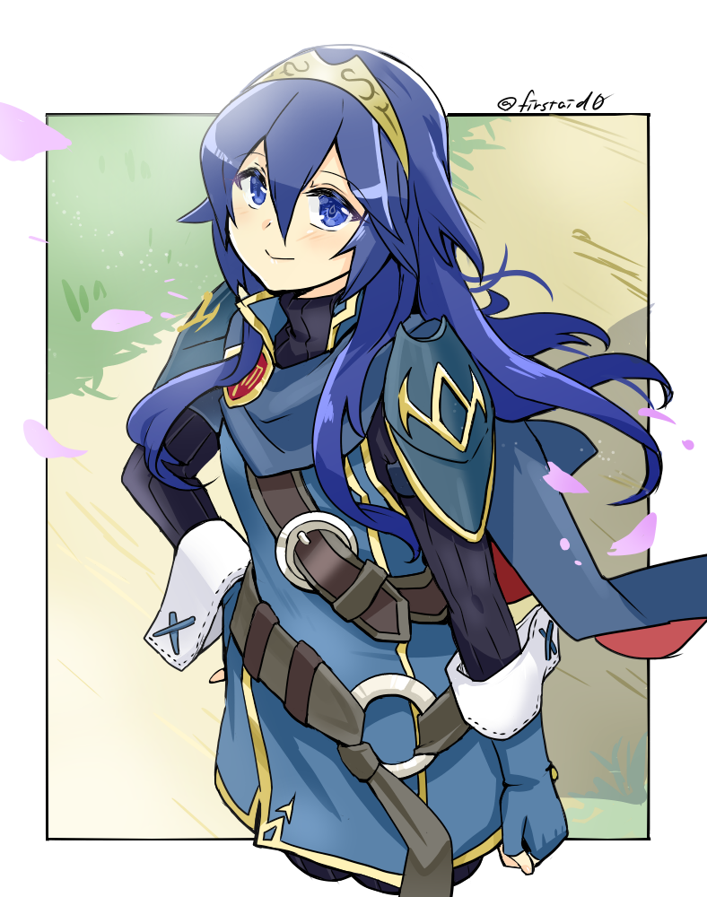 1girl armor bangs belt belt_buckle blue_eyes blue_gloves blue_hair border buckle cape eyebrows_visible_through_hair fingerless_gloves fire_emblem fire_emblem_awakening gloves hair_between_eyes hand_on_hip long_hair long_sleeves looking_at_viewer lucina_(fire_emblem) petals shoulder_armor smile solo sweater symbol_in_eye tiara turtleneck turtleneck_sweater twitter_username wrist_cuffs yukia_(firstaid0)