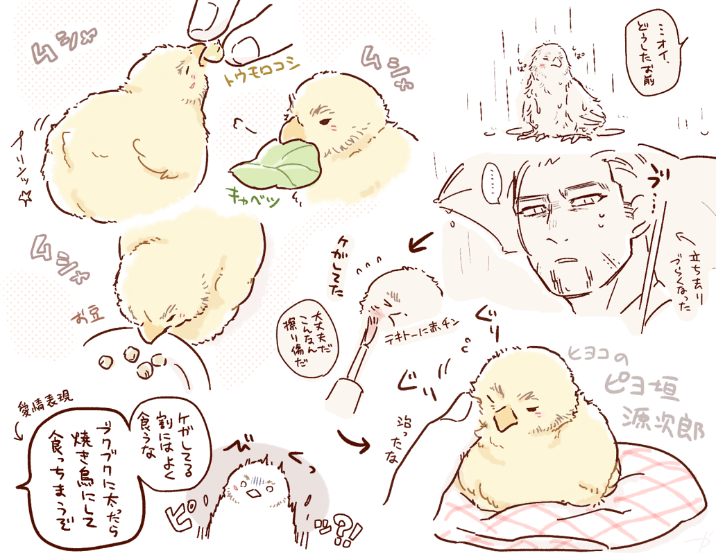 1boy animal_focus bird chick collage commentary_request facial_hair feeding goatee golden_kamuy holding holding_umbrella kaniharu leaf long_sideburns male_focus multiple_views ogata_hyakunosuke petting scar scar_on_cheek scar_on_face short_hair sideburns spot_color sweatdrop translation_request umbrella
