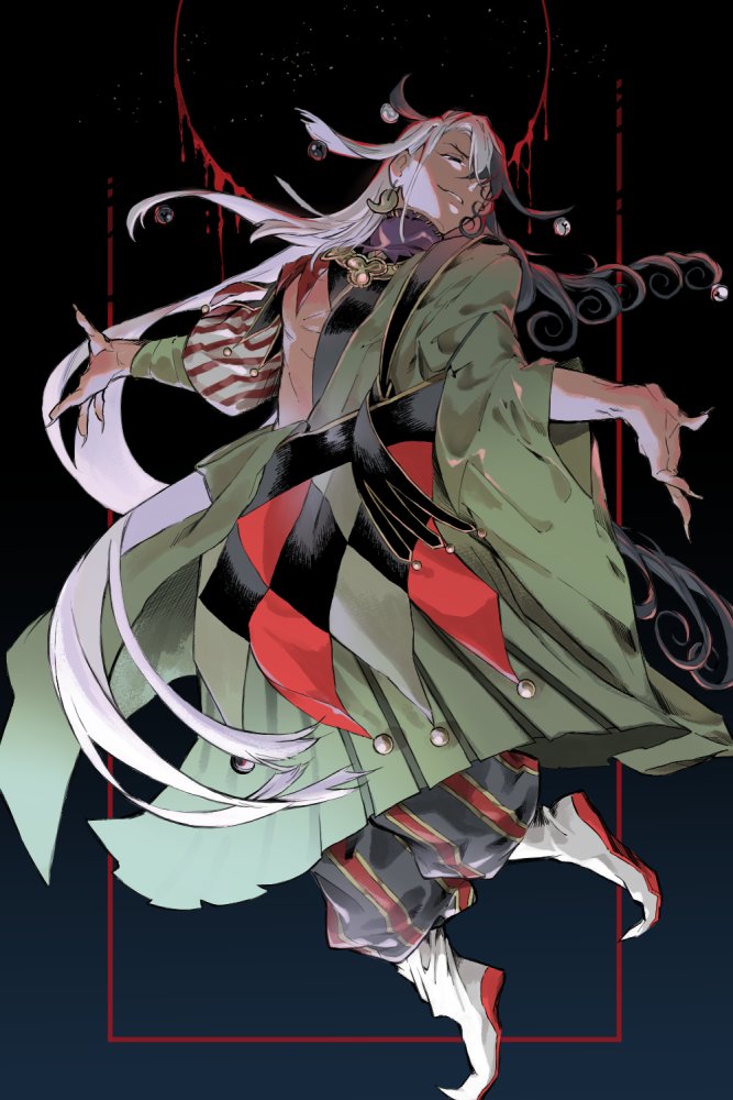 1boy abs ashiya_douman_(fate) asymmetrical_clothes asymmetrical_hair bell black_eyes black_hair blood curly_hair eyeshadow fate/grand_order fate_(series) fingernails full_body green_eyeshadow green_kimono green_nails grin hadanugi_dousa hair_bell hair_between_eyes hair_intakes hair_ornament japanese_clothes jingle_bell kimono long_hair makeup multicolored_hair open_clothes open_kimono outstretched_hand pectorals pointy_footwear ribbed_sleeves sakura_(skr_i) sharp_fingernails smile smug solo toned toned_male two-tone_hair very_long_fingernails very_long_hair white_hair wide_sleeves