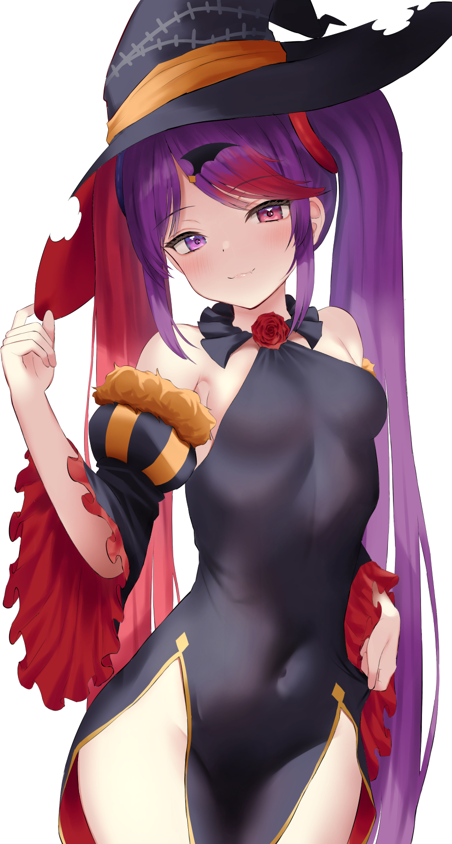 1girl :3 bangs bare_shoulders black_dress black_headwear blush breasts closed_mouth covered_navel cowboy_shot detached_sleeves dress eyebrows_visible_through_hair fang fang_out flower fur-trimmed_sleeves fur_trim hand_on_headwear hat heterochromia highres long_hair looking_at_viewer misaki_(princess_connect!) mizuha_(pixiv56938668) multicolored_hair pelvic_curtain princess_connect! purple_hair red_eyes red_flower red_rose redhead rose sidelocks simple_background small_breasts smile swept_bangs twintails two-tone_hair very_long_hair violet_eyes white_background wide_sleeves witch_hat