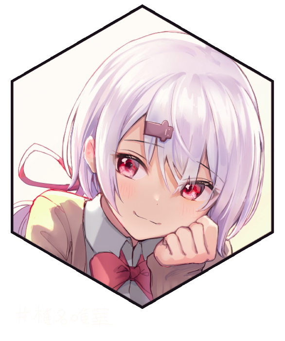 1girl :3 blush bow bowtie cardigan closed_mouth collared_shirt dot_nose hair_ornament hairclip kagawa_ichigo long_hair looking_at_viewer nijisanji purple_hair red_bow red_eyes red_neckwear school_uniform shiina_yuika shirt smile smug solo transparent_background white_shirt wing_collar