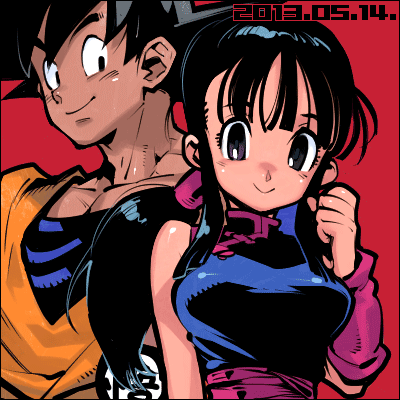 1boy 1girl black_eyes black_hair breasts chi-chi_(dragon_ball) chinese_clothes closed_mouth dougi dragon_ball dragon_ball_(classic) fujimoto_hideaki long_hair looking_at_viewer lowres simple_background smile son_goku spiky_hair