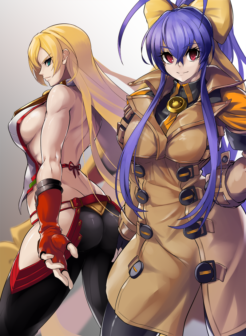 2girls antenna_hair arc_system_works ass backless_outfit black_legwear blazblue blonde_hair blush bow breasts clenched_teeth coat company_connection cosplay costume_switch fingerless_gloves gloves guilty_gear guilty_gear_strive halter_top halterneck large_breasts long_hair looking_at_viewer mai_natsume mai_natsume_(cosplay) millia_rage millia_rage_(cosplay) multiple_girls red_eyes red_gloves revealing_clothes smile sowel_(sk3) standing teeth very_long_hair violet_eyes yellow_bow