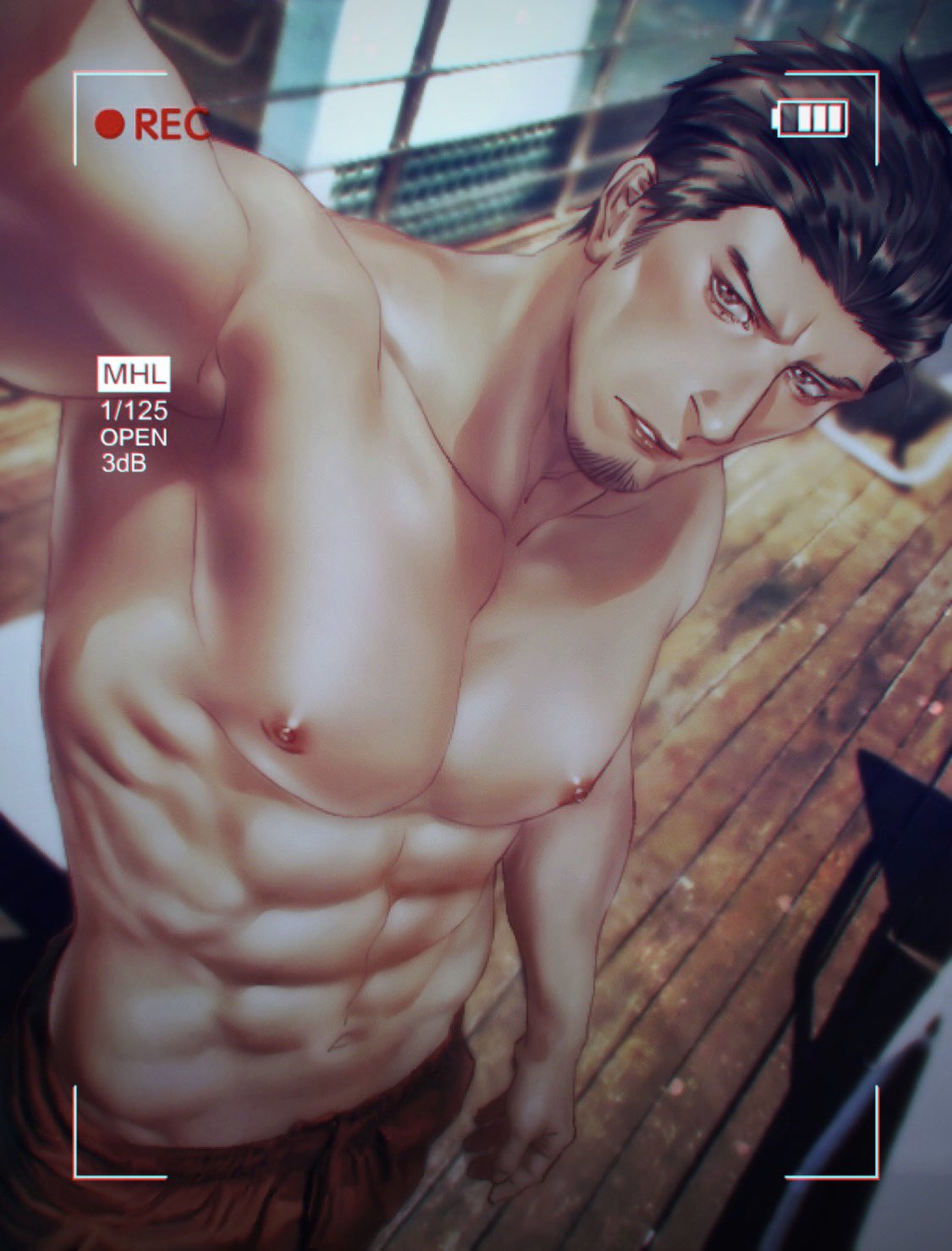 1boy abs arm_up black_hair brown_eyes camera facial_hair highres kiryuu_kazuma looking_at_viewer male_focus mogumogu_(563chan) navel nipples pants parted_lips pectorals recording red_pants ryuu_ga_gotoku short_hair sideburns solo toned toned_male topless_male