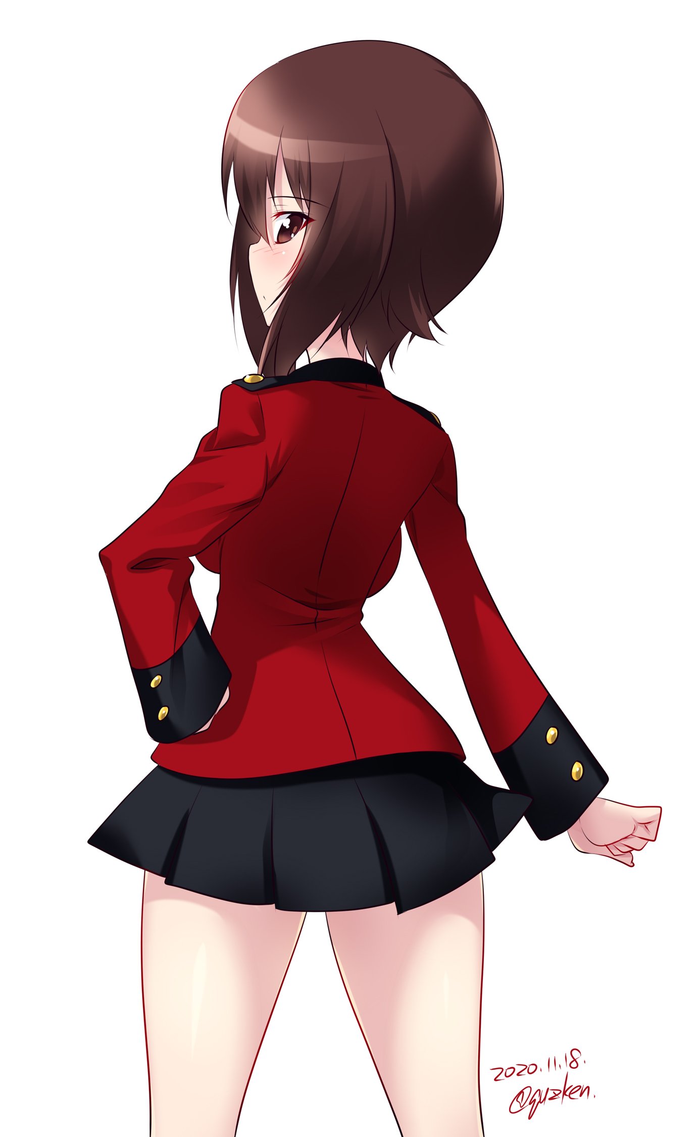 1girl alternate_costume bangs black_skirt brown_eyes brown_hair clenched_hand closed_mouth cowboy_shot dated from_behind girls_und_panzer hand_on_hip highres jacket kuzuryuu_kennosuke light_blush light_frown long_sleeves looking_at_viewer looking_back military military_uniform miniskirt nishizumi_maho pleated_skirt red_jacket short_hair simple_background skirt solo st._gloriana's_military_uniform standing twitter_username uniform white_background