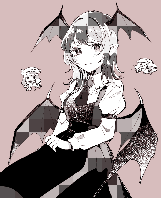 2girls arm_garter bangs bat_wings black_skirt black_vest blush breasts buttons chibi chibi_inset collared_shirt crescent crescent_hat_ornament hair_ribbon hat hat_ornament head_wings koakuma long_sleeves looking_at_viewer lying medium_breasts medium_hair mob_cap monochrome mozukuzu_(manukedori) multiple_girls necktie on_stomach patchouli_knowledge pink_background pointy_ears ribbon shirt simple_background skirt smile symbol-only_commentary touhou upper_body vest white_shirt wing_collar wings