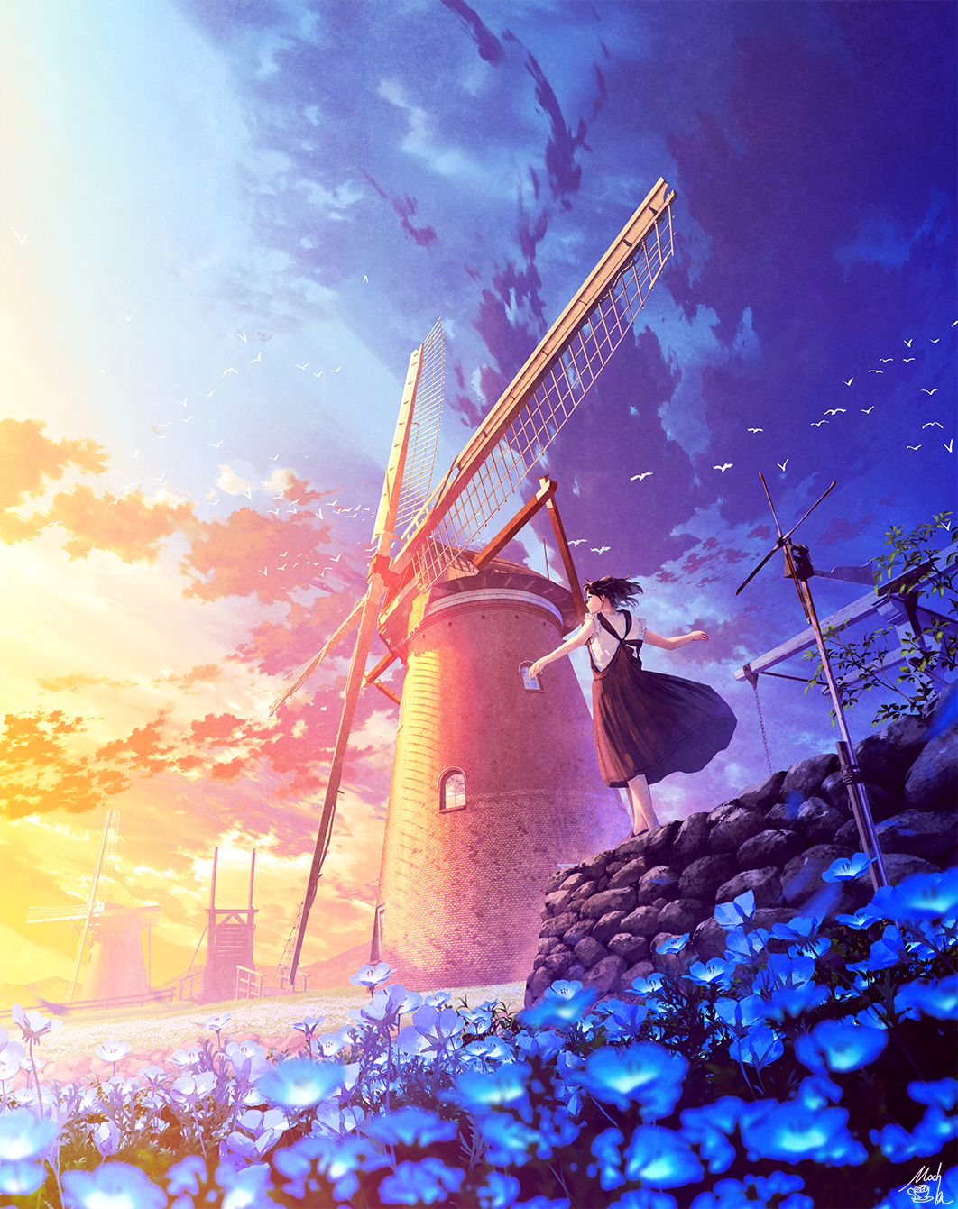 1girl black_dress black_hair blurry clouds commentary_request depth_of_field dress field flower hair_blowing highres mixed-language_commentary mocha_(cotton) nemophila_(flower) original outdoors scenery shirt short_sleeves signature sky solo standing stone_wall sunrise wall white_bird white_shirt windmill window