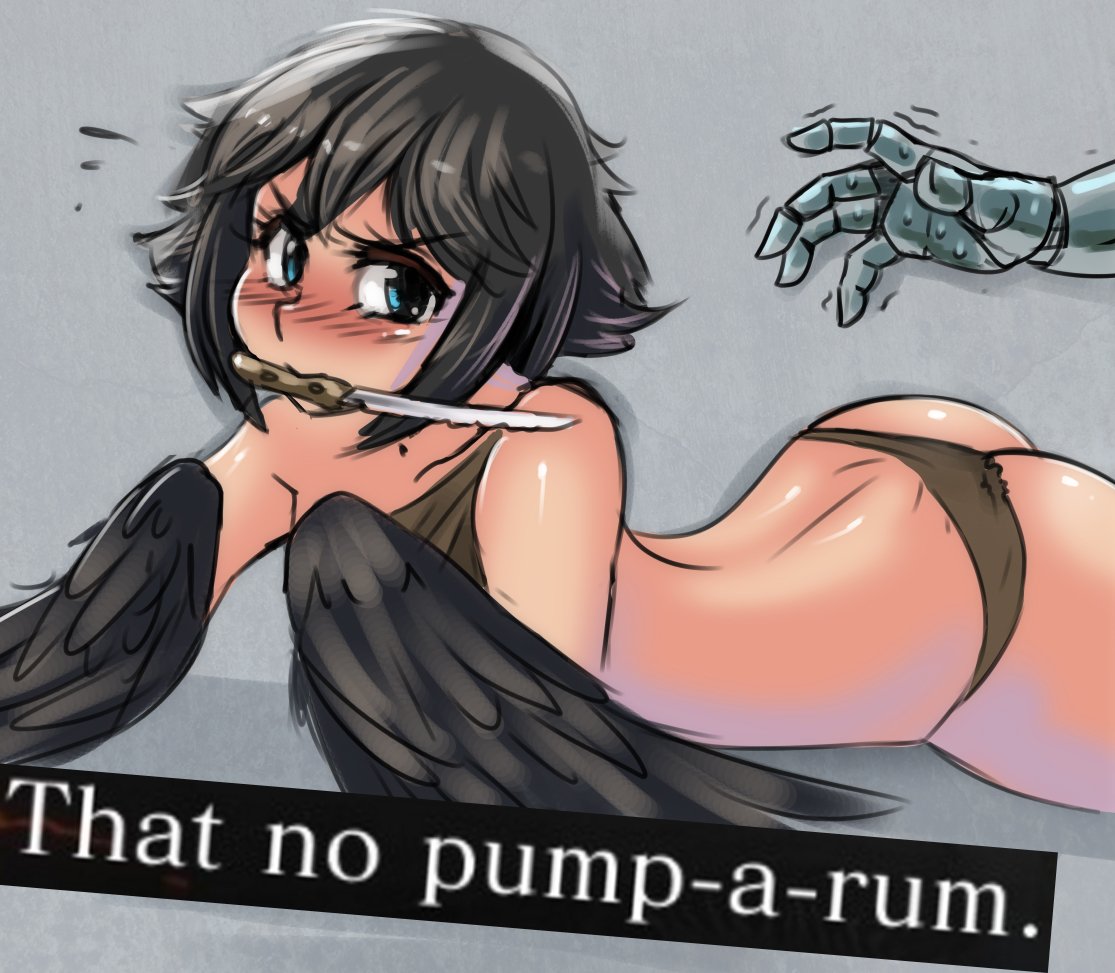 ass back bangs bare_shoulders black_feathers black_hair black_wings blue_eyes blush dark_souls_(series) dark_souls_iii english_text gauntlets grey_background harpy knife knife_in_mouth metintbg monster_girl mouth_hold photo-referenced pickle_pee_pump-a-rum_crow rags reaching_out shaking short_hair simple_background winged_arms wings