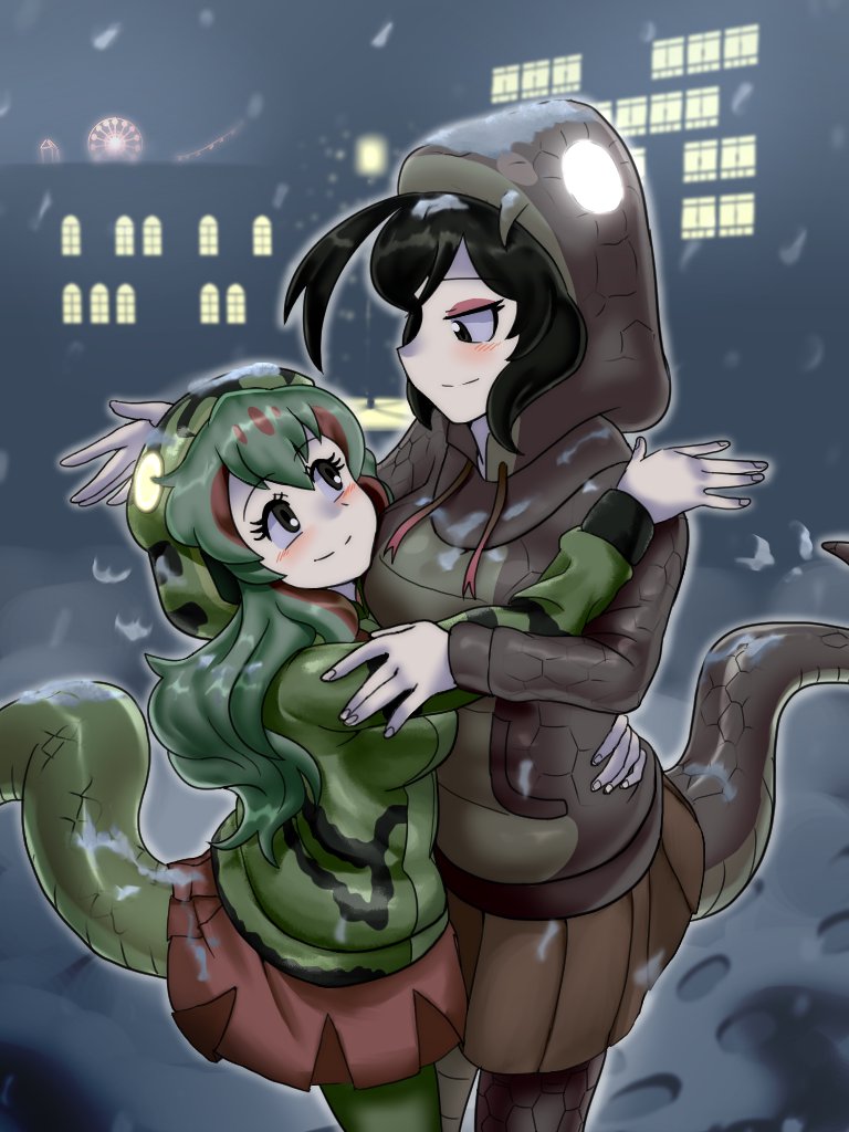 black_hair black_mamba_(kemono_friends) boomslang_(kemono_friends) couple green_hair green_hood haegiwa_gonbee height_difference hood hooded_jacket hug jacket kemono_friends long_hair long_sleeves multicolored_hair multiple_girls night night_sky pleated_skirt short_hair skirt sky smile snake_tail snow snowflakes snowing tail thigh-highs yuri