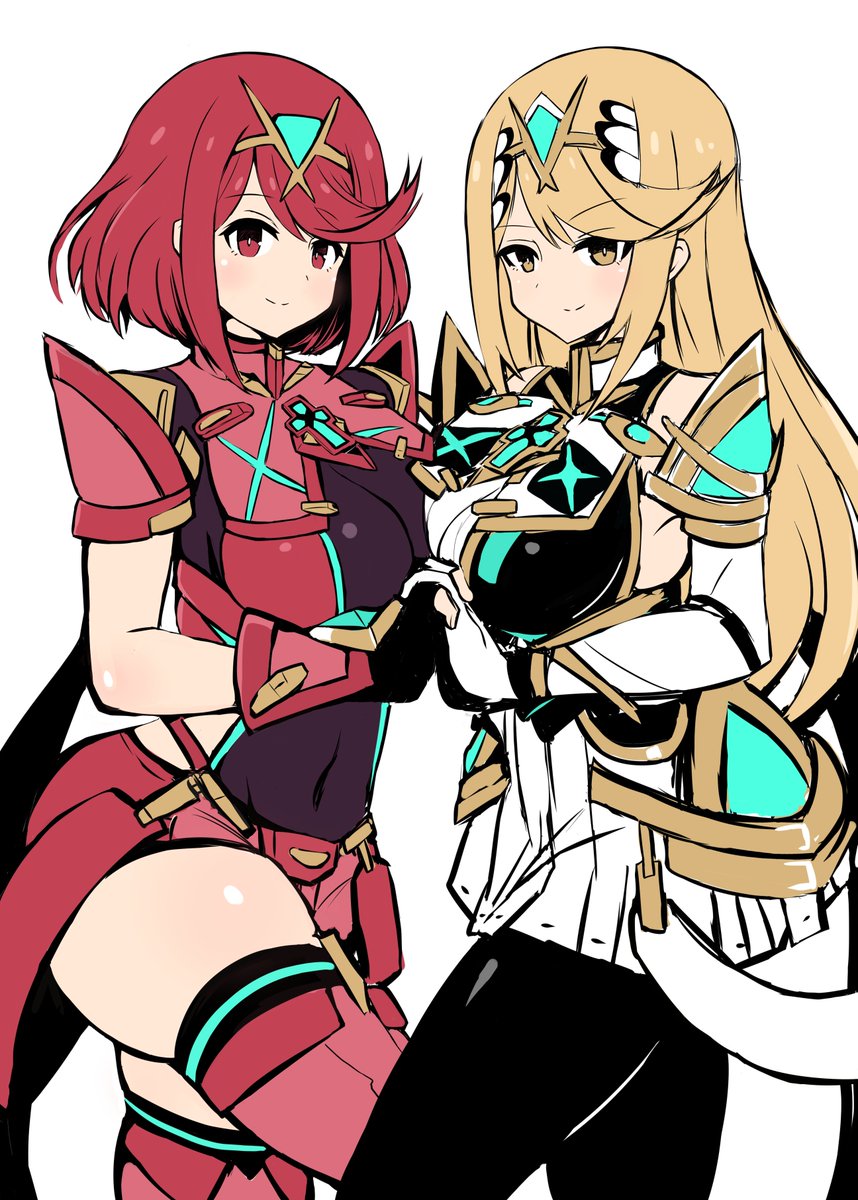 2girls asyura_kumo bangs bare_shoulders black_gloves blonde_hair breasts chest_jewel dress earrings elbow_gloves fingerless_gloves gloves highres jewelry large_breasts long_hair multiple_girls mythra_(xenoblade) pyra_(xenoblade) red_eyes red_legwear red_shorts redhead short_dress short_hair short_shorts shorts swept_bangs thigh-highs thigh_strap tiara very_long_hair white_dress white_gloves xenoblade_chronicles_(series) xenoblade_chronicles_2