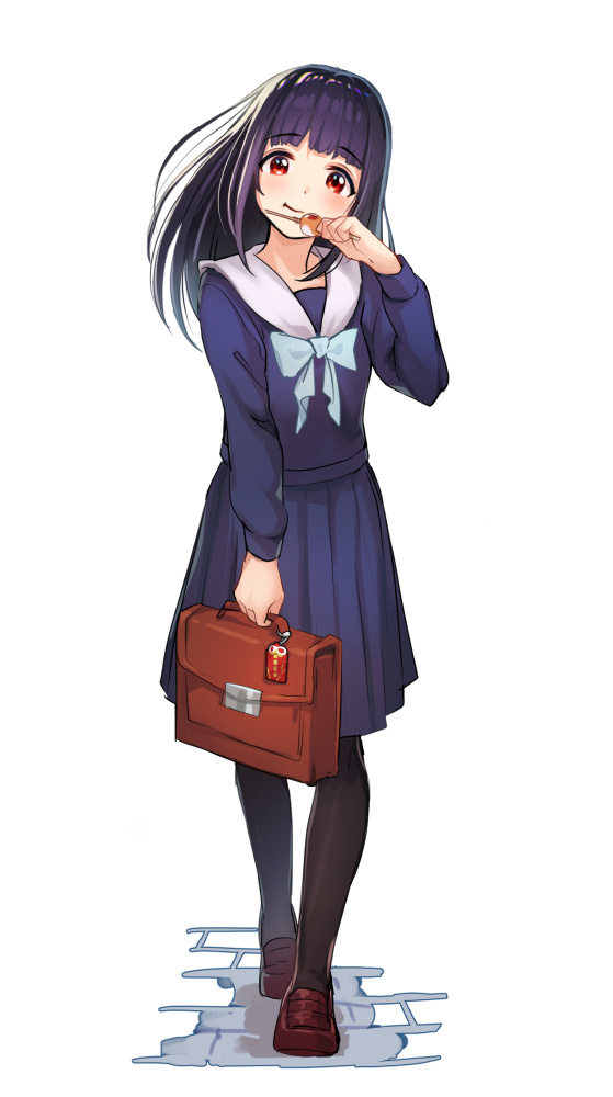 1girl :t bag blue_bow blue_neckwear blue_shirt blue_skirt blush bow bowtie brown_footwear brown_legwear closed_mouth commentary dango dot_nose eating food head_tilt holding holding_bag kagawa_ichigo long_hair long_sleeves looking_at_viewer original pantyhose purple_hair red_eyes sailor_collar school_uniform serafuku shirt shoes simple_background skirt smile solo suitcase wagashi white_background white_sailor_collar