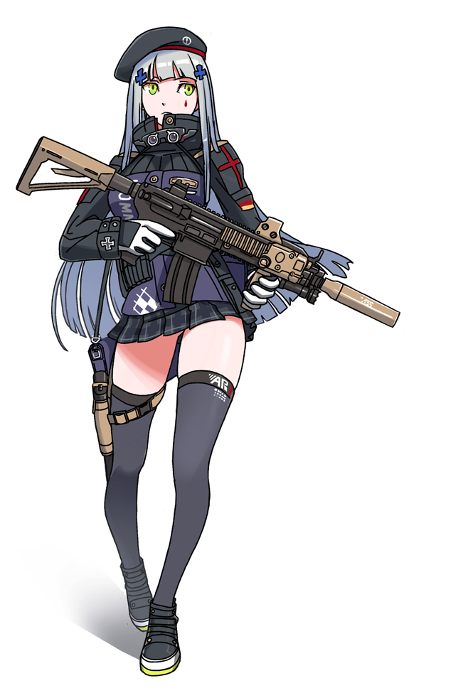 1girl assault_rifle bangs beret black_footwear black_headwear black_jacket black_legwear closed_mouth full_body girls_frontline gloves green_eyes gun h&amp;k_hk416 hair_ornament hat hk416_(girls'_frontline) holding holding_gun holding_weapon jacket long_hair long_sleeves rifle shoes sneakers tab_(tabkun) teardrop_tattoo thigh-highs trigger_discipline walking weapon white_gloves white_hair