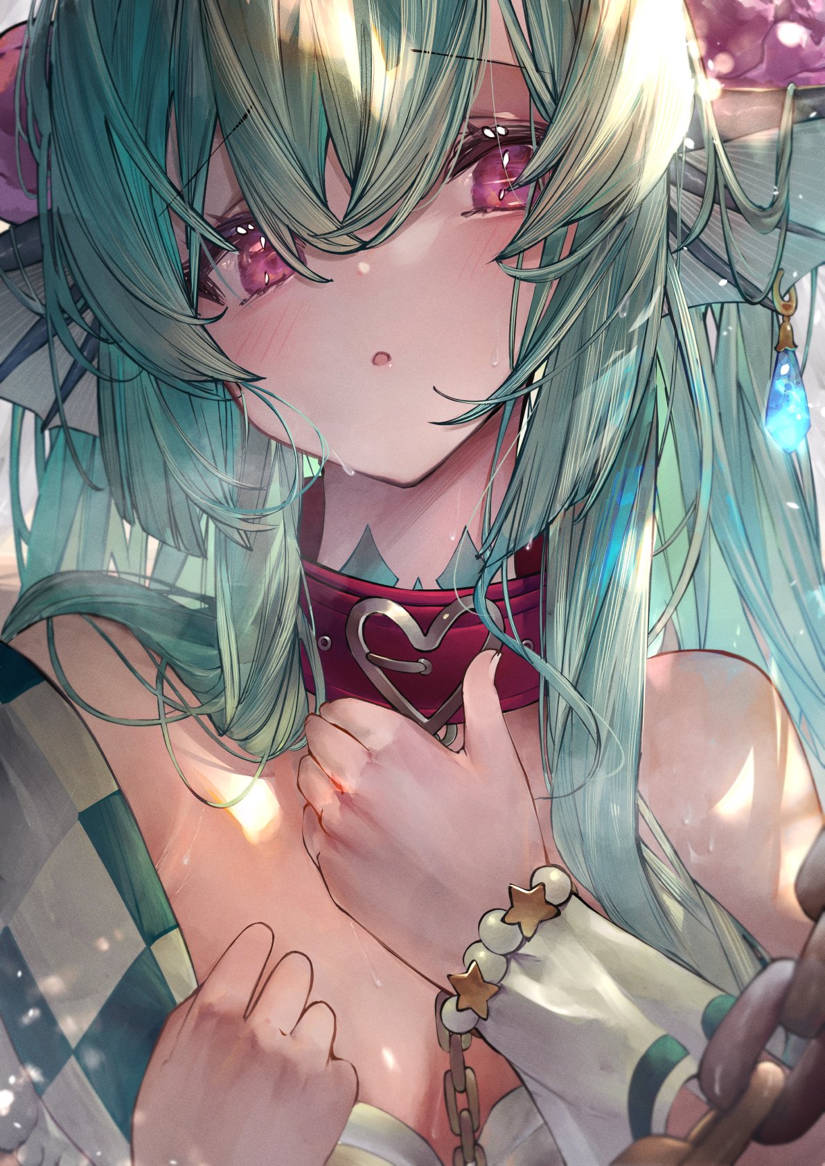 1girl animal_collar bare_shoulders betabeet blush breasts chain checkered collar earrings eyebrows_visible_through_hair finana_ryugu flower green_hair hair_between_eyes hair_flower hair_ornament head_fins highres jewelry long_hair looking_at_viewer neck_tattoo nijisanji nijisanji_en pink_flower pink_rose red_collar rose single_earring small_breasts solo sweat tattoo upper_body violet_eyes virtual_youtuber wrist_cuffs