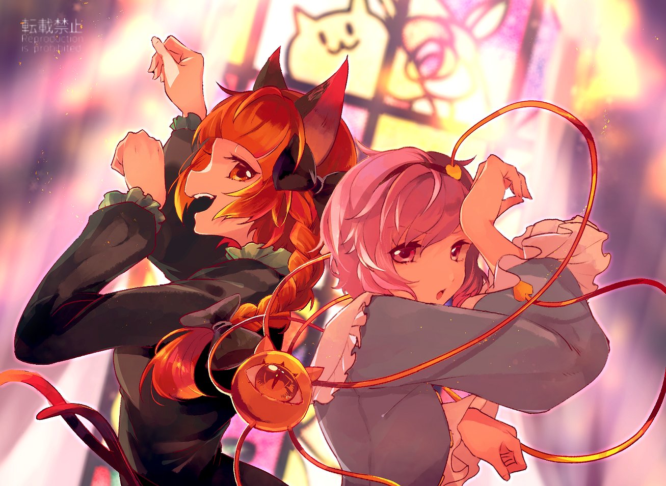 2girls :d animal_ears bangs black_bow blunt_bangs bow braid cat_ears cat_tail commentary_request dress efxc frilled_shirt_collar frilled_sleeves frills glass green_dress hair_bow heart_hairband kaenbyou_rin komeiji_satori long_hair long_sleeves looking_at_viewer multiple_girls multiple_tails nekomata open_mouth pink_eyes pink_hair red_eyes redhead short_hair slit_pupils smile tail third_eye touhou twin_braids two_side_up two_tails upper_body window