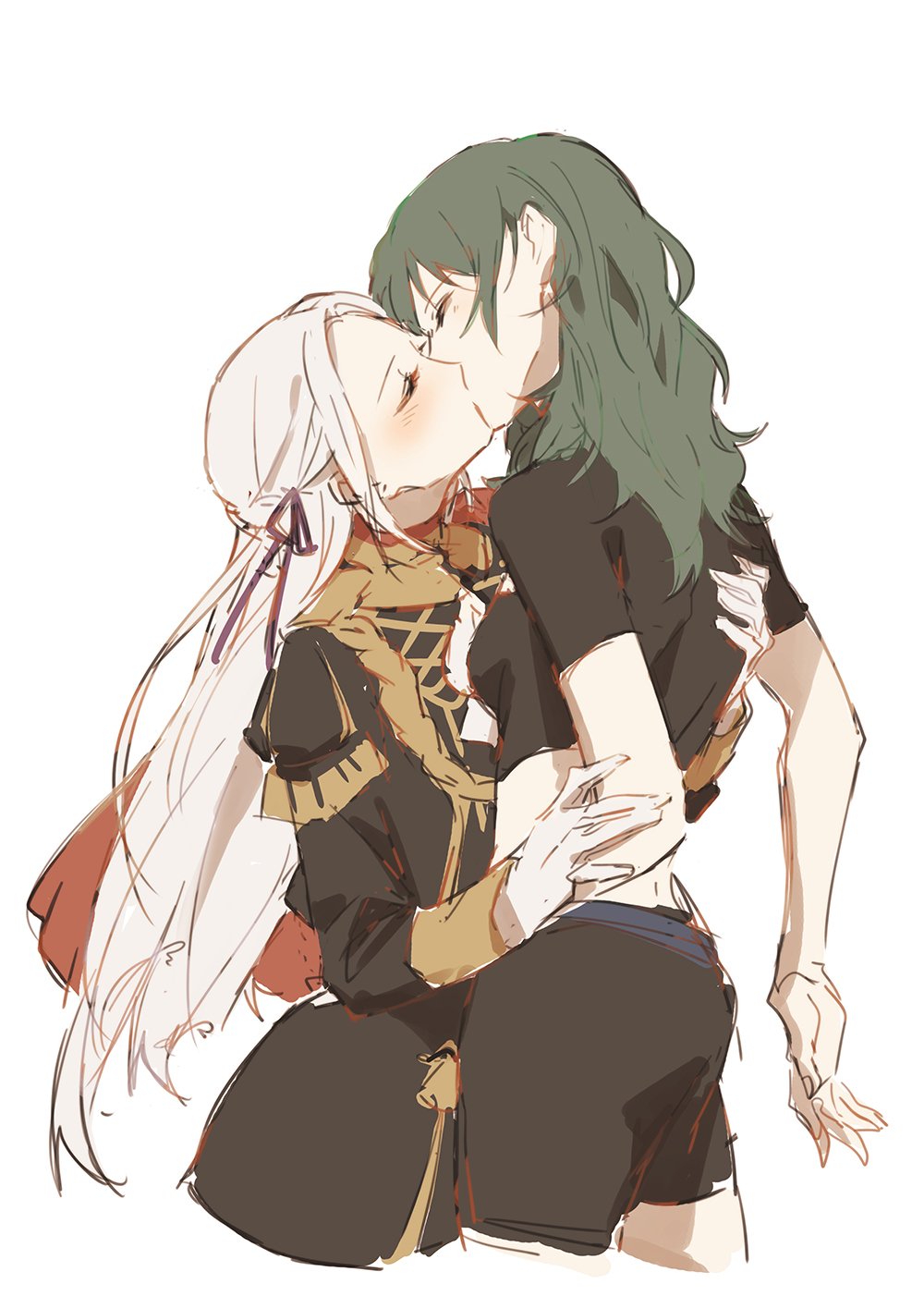 2girls blush byleth_(fire_emblem) byleth_eisner_(female) closed_eyes commentary_request edelgard_von_hresvelg fire_emblem fire_emblem_fates green_hair hair_ribbon hand_on_another's_arm hand_on_another's_back highres kiss light_blush long_hair mo_(ine_mao) multiple_girls ribbon simple_background white_background white_hair yuri