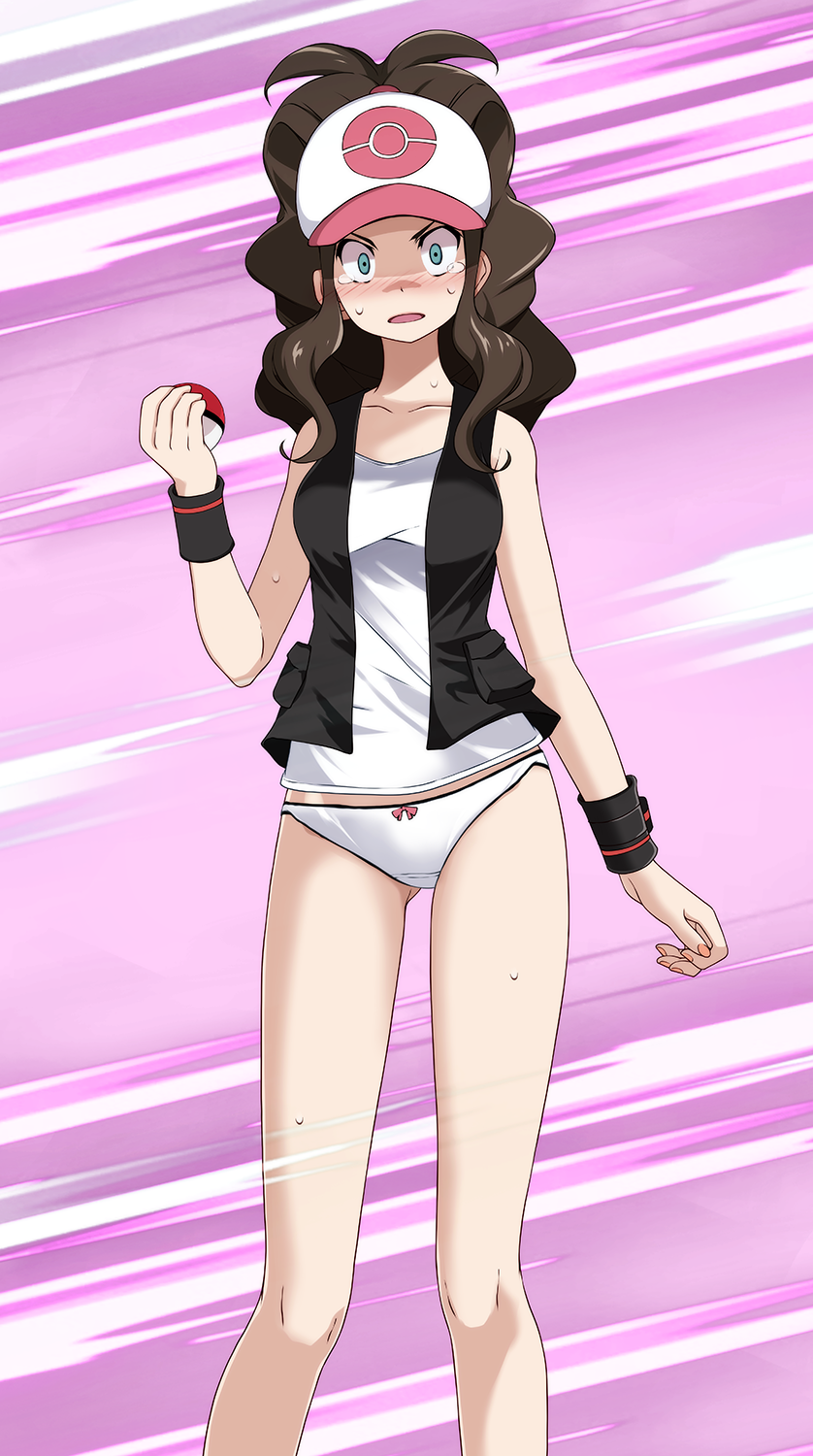 1girl ass_visible_through_thighs bare_legs baseball_cap blue_eyes blush breasts brown_hair collarbone hat highres hilda_(pokemon) holding holding_poke_ball long_hair looking_at_viewer medium_breasts panties poke_ball poke_ball_print pokemon pokemon_(game) pokemon_bw print_headwear purple_background shirt sleeveless sleeveless_shirt solo standing sweatdrop tears tsukishiro_saika underwear v-shaped_eyebrows white_panties white_shirt wristband