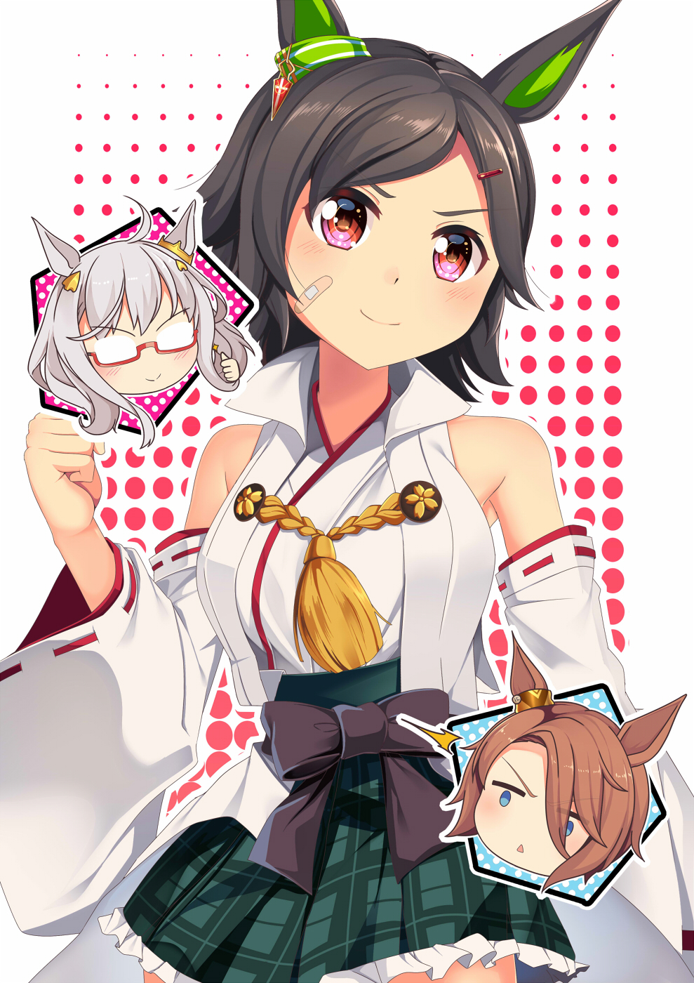 3girls ^^^ ahoge animal_ears armpit_crease bandaid bandaid_on_cheek bandaid_on_face bangs bare_shoulders biwa_hayahide_(umamusume) black_hair blue_eyes blush breasts brown_hair clenched_hand closed_mouth commentary_request cosplay cowboy_shot detached_sleeves ear_ornament frilled_skirt frills glasses green_skirt hair_ornament hairclip halftone halftone_background hiei_(kancolle) hiei_(kancolle)_(cosplay) highres horse_ears horse_girl inset japanese_clothes kantai_collection kimono large_breasts long_hair looking_at_viewer multiple_girls narita_taishin_(umamusume) nontraditional_miko opaque_glasses open_mouth parted_bangs partial_commentary plaid plaid_skirt red-framed_eyewear red_eyes ribbon-trimmed_sleeves ribbon_trim semi-rimless_eyewear short_hair sidelocks skirt sleeveless sleeveless_kimono smile standing tassel thumbs_up triangle_mouth umamusume white_background white_hair white_kimono white_sleeves wide_sleeves winning_ticket_(umamusume) yasume_yukito