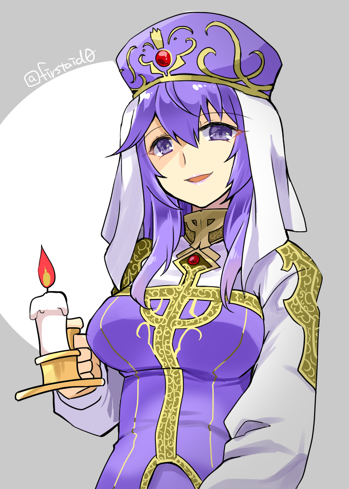 1girl bangs candle dress eremiya eyebrows_visible_through_hair fire_emblem fire_emblem:_new_mystery_of_the_emblem grey_background hair_between_eyes hat lips long_hair long_sleeves looking_at_viewer open_mouth purple_hair smile solo twitter_username upper_body veil violet_eyes yukia_(firstaid0)