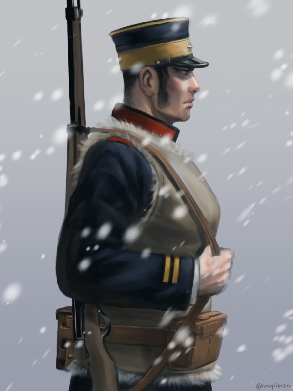 1boy alternate_facial_hair arisaka beard black_hair blue_headwear bolt_action buzz_cut facial_hair from_side fur_(clothing) golden_kamuy gun hat kepi large_pectorals long_sideburns long_sleeves male_focus mature_male military military_hat military_uniform nopinzo pectorals rifle short_hair sideburns snowing solo tanigaki_genjirou thick_eyebrows toned toned_male uniform very_short_hair weapon weapon_on_back