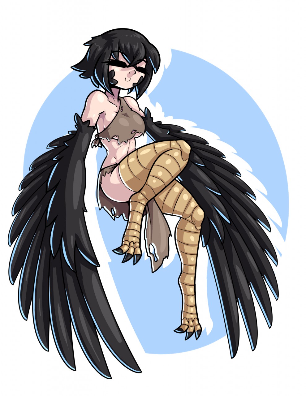 1girl bangs bare_shoulders bird_legs black_feathers black_hair black_wings blue_background breasts closed_eyes dark_souls_(series) dark_souls_iii eyebrows_visible_through_hair facial_mark harpy highres limebreaker midriff monster_girl navel pickle_pee_pump-a-rum_crow rags short_hair small_breasts smile talons two-tone_background under_boob white_background winged_arms wings