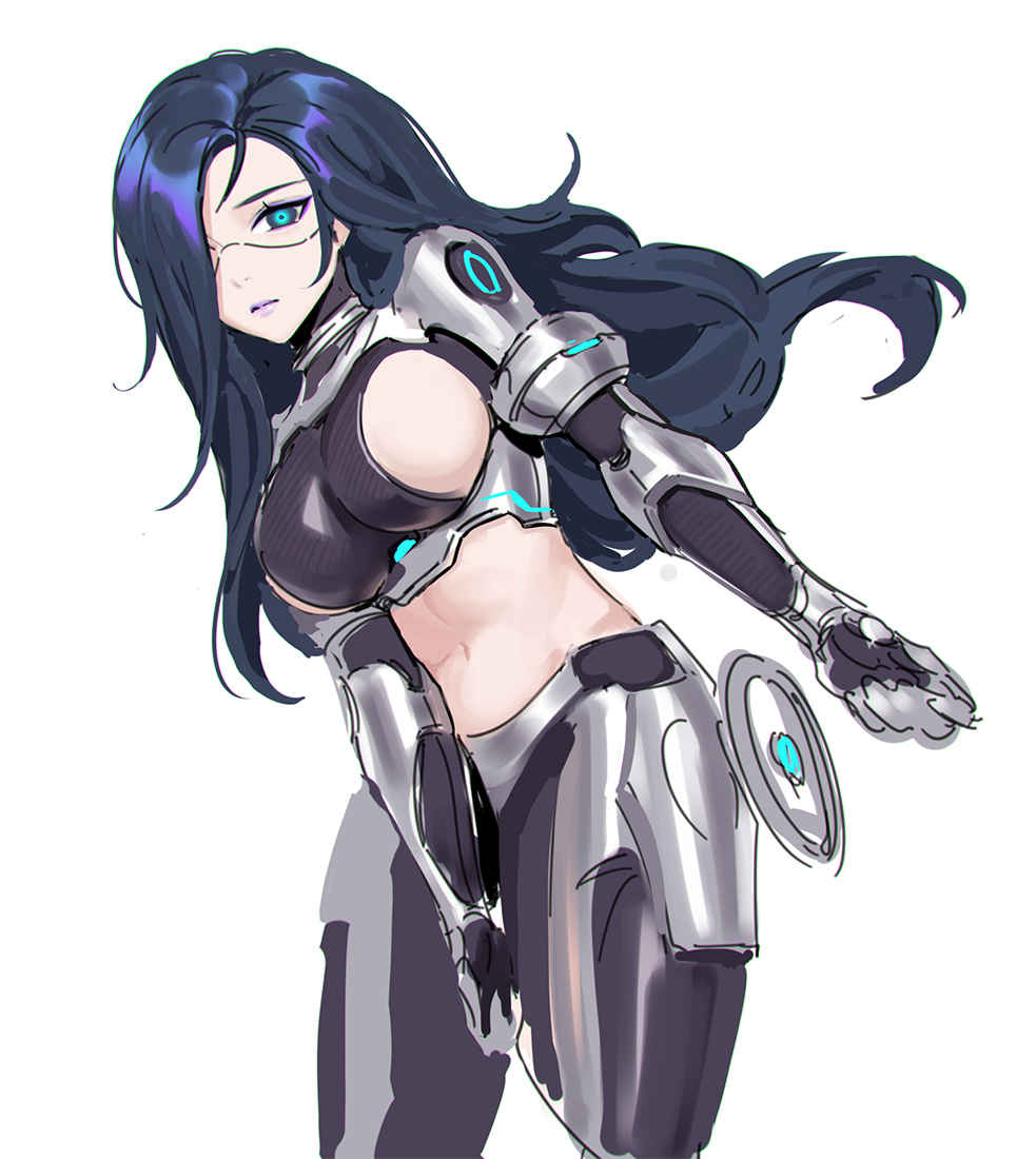 1girl android armor blue_eyes blue_hair breasts closed_mouth copyright_request cowboy_shot large_breasts lipstick long_hair looking_at_viewer makeup navel purple_lips sideboob simple_background siun solo white_background