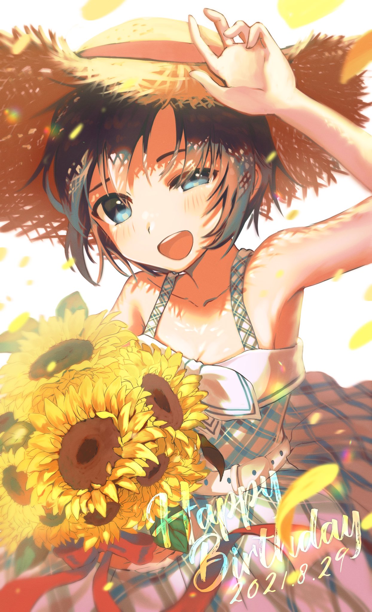 1girl :d aqua_dress armpits bare_shoulders birthday black_hair blue_eyes blush bouquet collarbone commentary dated dress dress_bow flower hand_up happy_birthday hat highres holding holding_bouquet idolmaster kikuchi_makoto looking_at_viewer messy_hair miyagi open_mouth petals plaid plaid_dress round_teeth shaded_face shading_eyes short_hair simple_background sleeveless sleeveless_dress smile solo squinting straw_hat sun_hat sundress sunflower teeth upper_teeth white_background white_dress wind yellow_flower