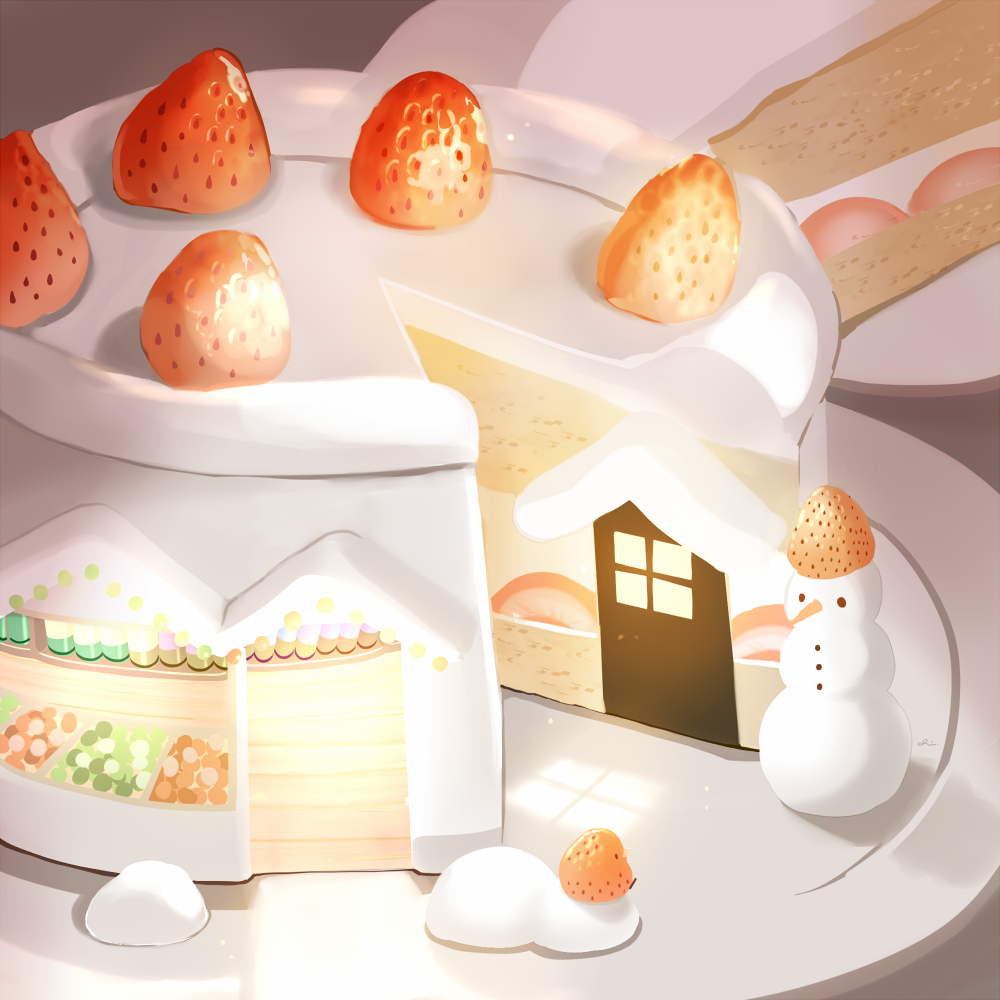 artist_name cake chai door food food_focus fruit icing no_humans original plate snowman strawberry