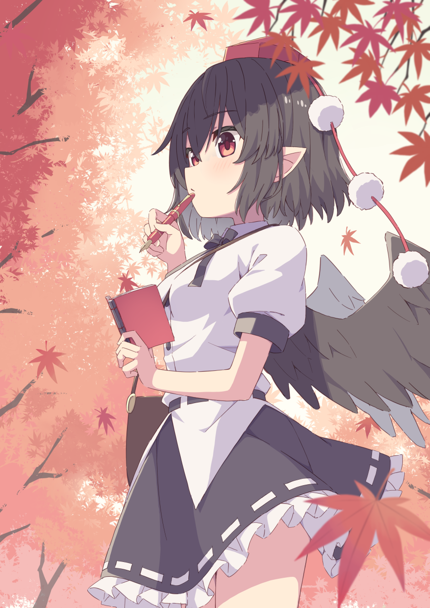 1girl autumn_leaves bird_wings black_hair black_skirt collared_shirt cowboy_shot feathered_wings hat highres holding holding_pen kochi_michikaze leaf maple_leaf maple_tree pen pleated_skirt pointy_ears pom_pom_(clothes) puffy_short_sleeves puffy_sleeves red_eyes red_headwear shameimaru_aya shirt short_hair short_sleeves skirt solo tokin_hat touhou tree white_shirt wings