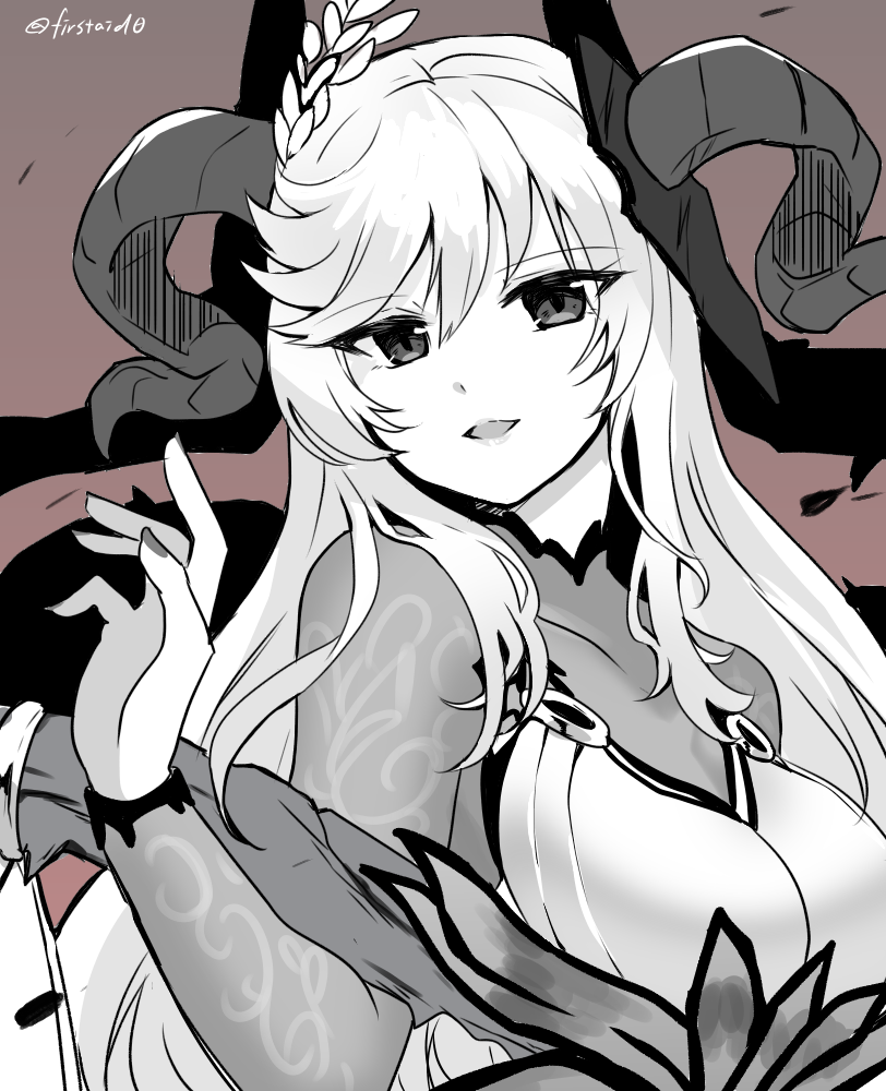 1girl bangs bodystocking breasts brown_background covered_collarbone eyebrows_visible_through_hair fire_emblem fire_emblem_heroes freyja_(fire_emblem) goat_horns hair_ornament horns long_hair looking_at_viewer monochrome open_mouth solo swept_bangs turtleneck upper_body very_long_hair yukia_(firstaid0)