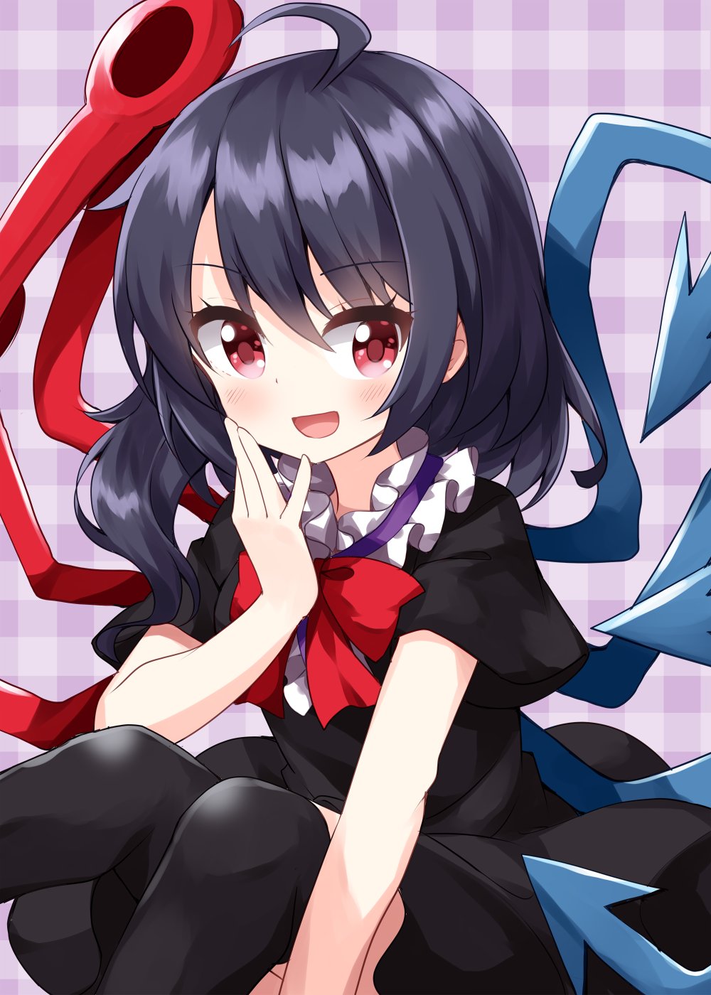 1girl :d ahoge asymmetrical_wings bangs black_dress black_hair black_legwear blush bow bowtie commentary_request dress eyebrows_visible_through_hair foot_out_of_frame frills hair_between_eyes hand_on_own_cheek hand_on_own_face hand_up highres houjuu_nue long_hair looking_at_viewer one-hour_drawing_challenge open_mouth plaid plaid_background purple_background red_bow red_eyes red_neckwear ruu_(tksymkw) short_sleeves simple_background sitting smile solo thigh-highs touhou wings