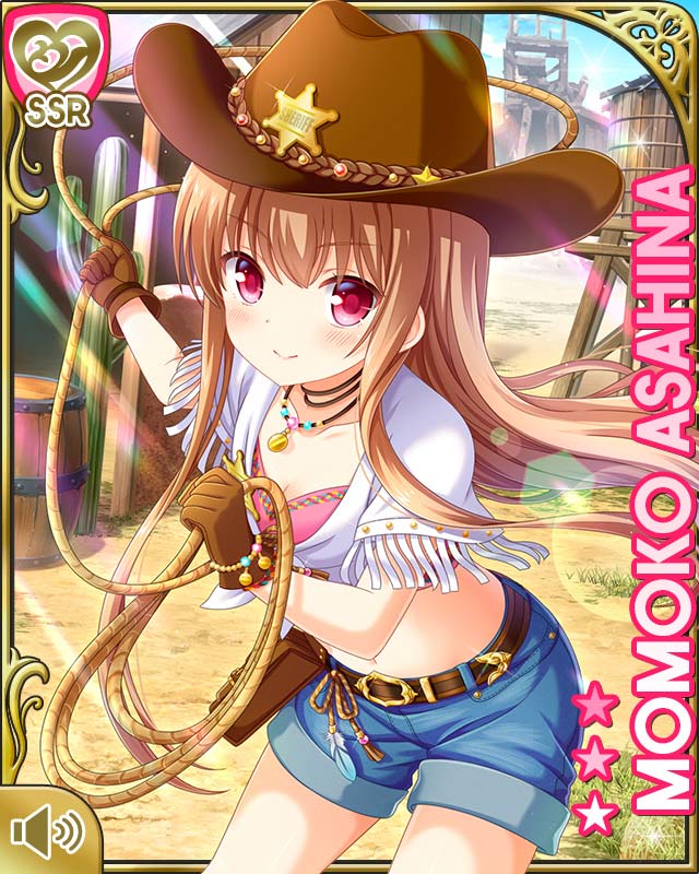 1girl asahina_momoko belt brown_gloves brown_hair brown_headwear character_name cowboy_hat denim denim_shorts girlfriend_(kari) gloves hat lasso leaning_forward long_hair midriff official_art outdoors pink_shirt pouch qp:flapper red_eyes rope shirt short_shorts shorts smile solo white_shirt