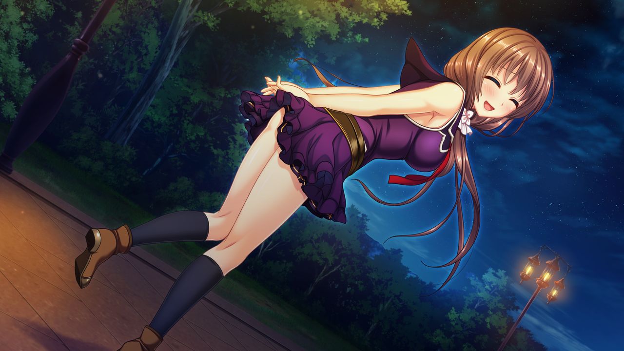 1girl :d ^_^ arms_behind_back black_legwear blush breasts brown_footwear brown_hair closed_eyes dress dutch_angle floating_hair game_cg hair_over_shoulder kneehighs leaning_forward long_hair looking_at_viewer looking_back low_twintails medium_breasts muutsuki night official_art open_mouth outdoors purple_dress sailor_dress shiny shiny_hair shirasaki_natsu short_dress sleeveless sleeveless_dress smile solo twintails unjou_no_fairy_tale very_long_hair